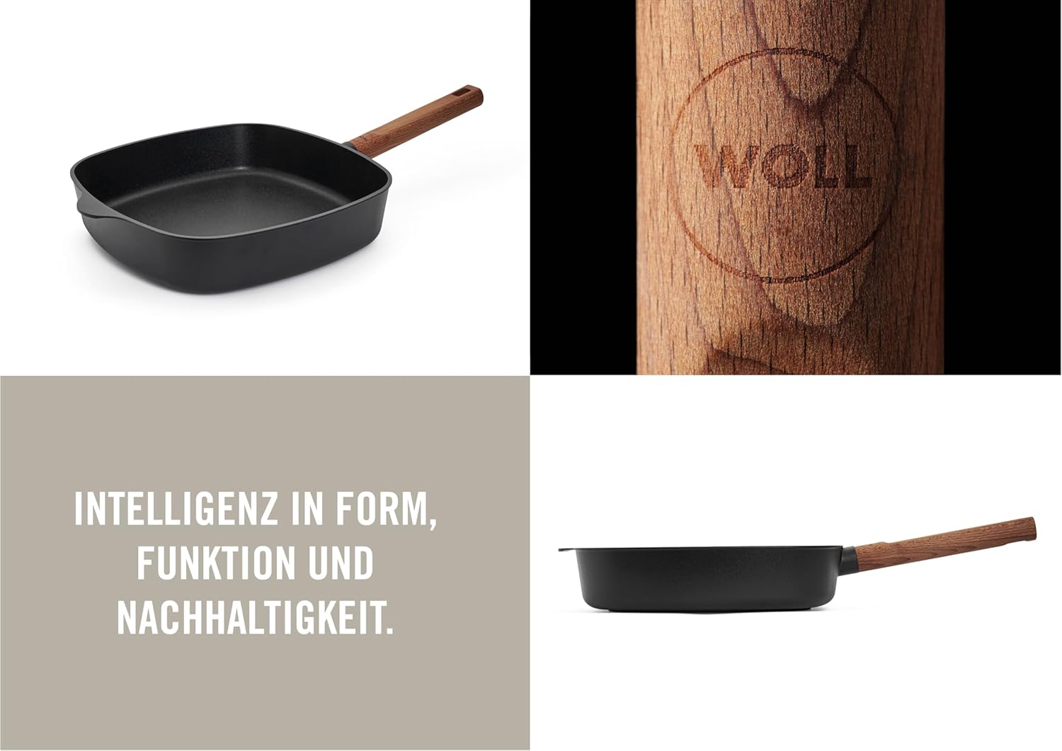 Woll Eco Logic QXR Square Frying Pan Inductive 28 x 28 cm 6.5 cm High with Solid Sustainable Wooden Handle Suitable for All Hobs PFAS-Free Non-Stick Coating Cast Aluminium