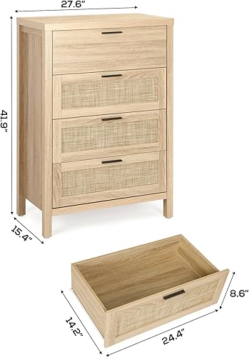 Miniatura 2 de VOWNER Cómoda de ratán con 4 cajones, cómoda de almacenamiento de madera con asas negras, organizador de pecho moderno con amplio almacenamiento,