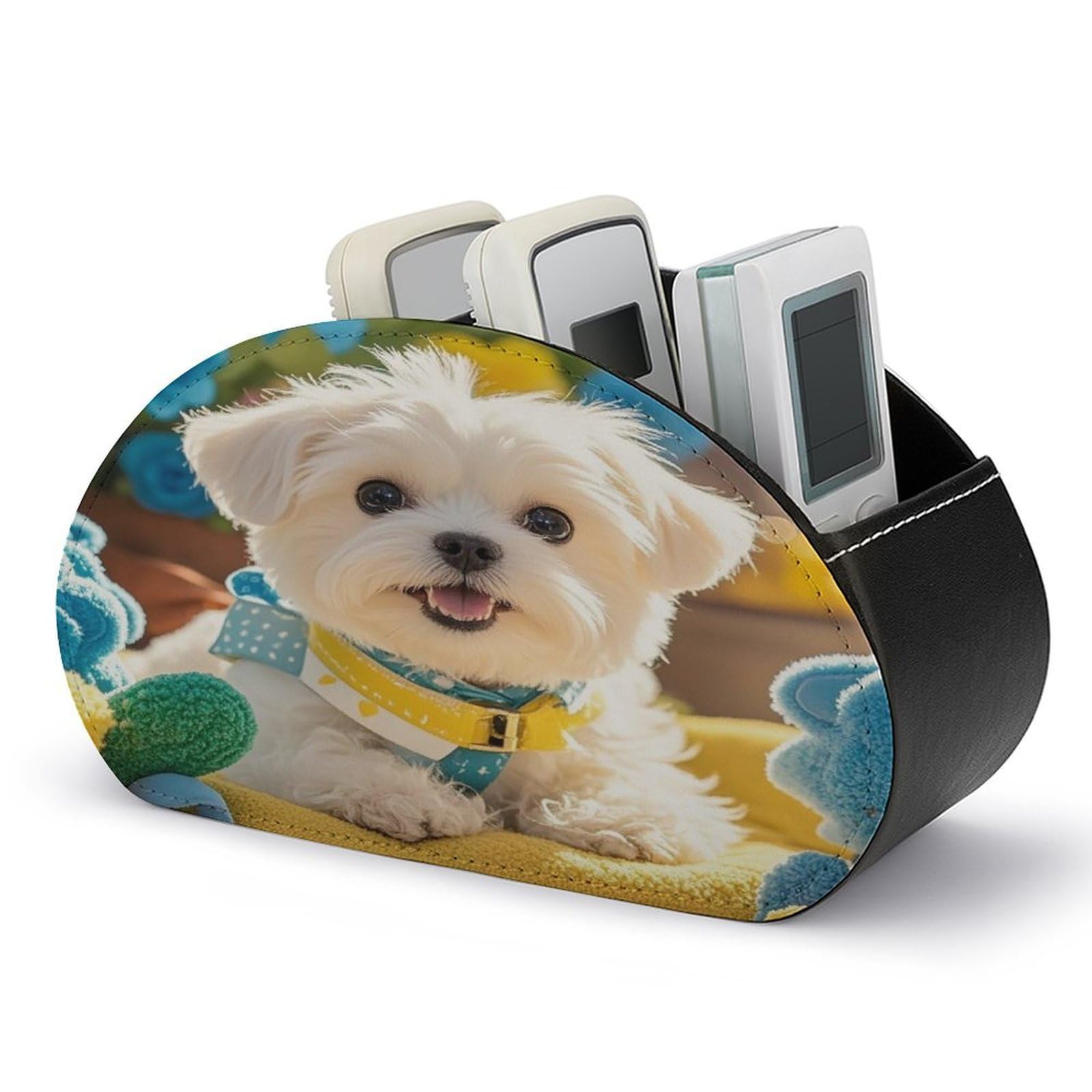 VstaDank Cute Maltese Puppy Remote Control Holder with 5 Compartments PU Leather TV Remoter Caddy Desktop Organizer TV Remote Holder Remote Box for Media Controllers Office Supplies