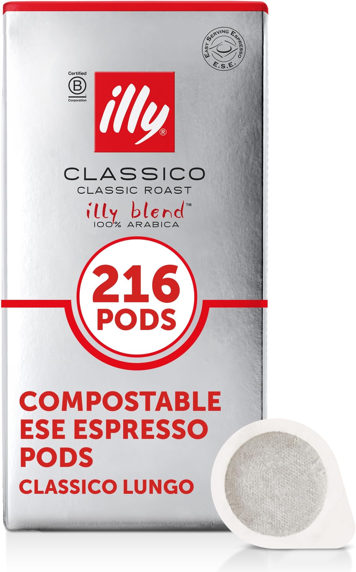 illy Coffee ESE Capsules, Classico Lungo Medium Roast Coffee Pods, 100% Arabica, Premium Italian Blend, Single Serve, 18 Count, 12 Pack