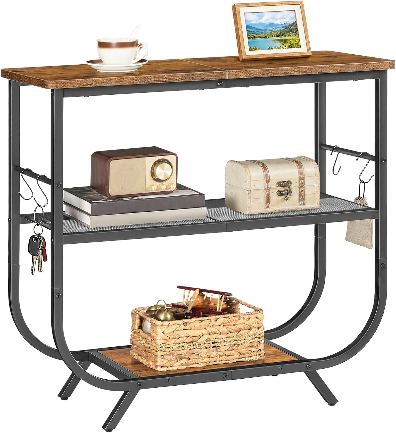 HOOBRO 3 Tier Small Console Table, 31.5" Entryway Table with Storage Shelf, Narrow Sofa Table, Behind Couch Table, Hallway Table with S-Hooks, for Living Room, Rustic Brown and Black BF63XG01