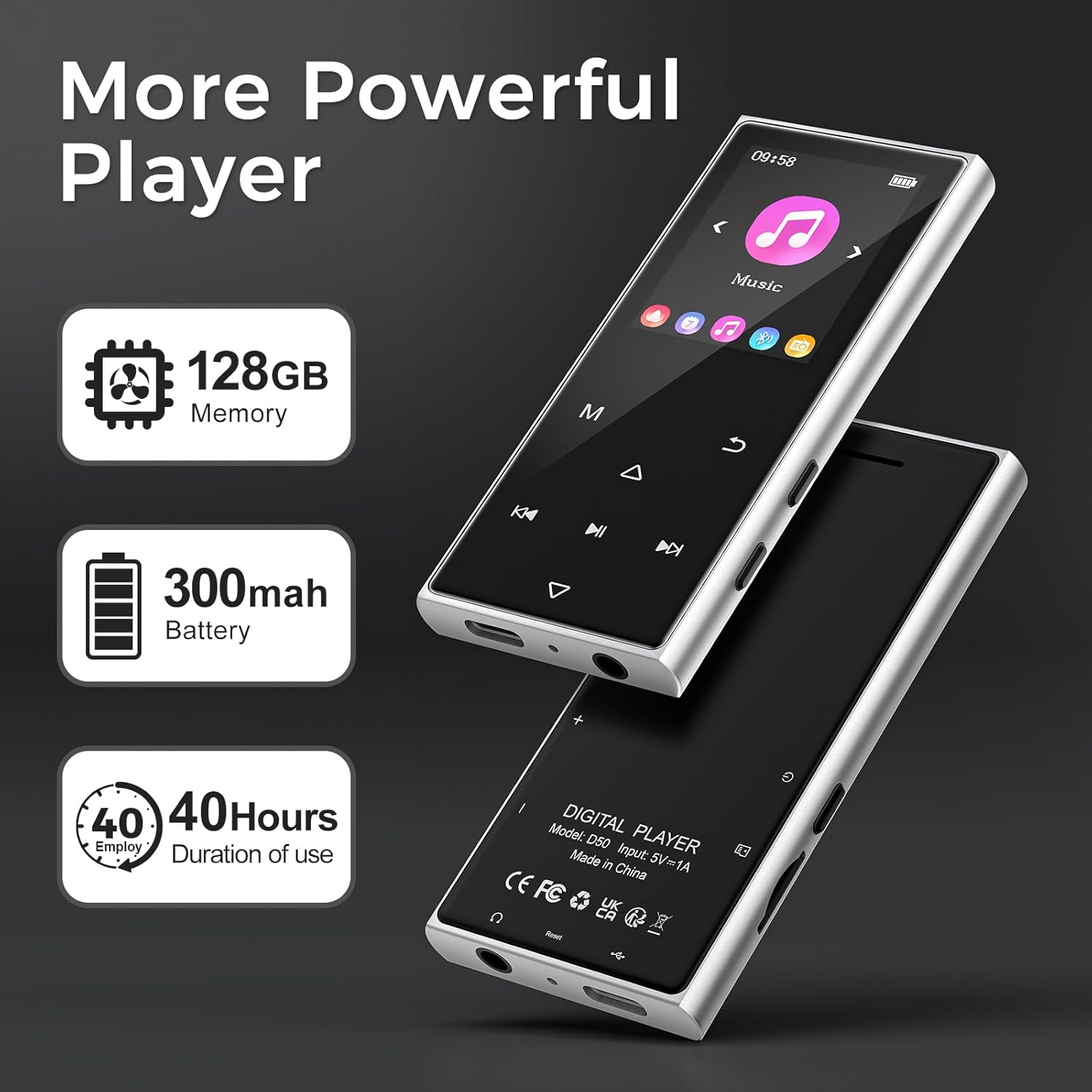 128GB MP3 Player with Bluetooth 5.3, AGXOV Music Player with Built-in HD Speaker, FM Radio, Voice Recorder, HiFi Sound, E-Book, Earphones Included (1.77''128GB)