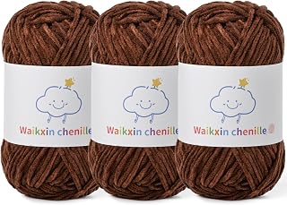 Skinny Chenille Yarn for Crocheting, 3 Pack of 1.75 oz/109 yds Amigurumi Yarn&Baby Yarn for Crocheting Soft, Fluffy Fingering Weight Velvet Yarn for DIY Crafts&Baby Blankets.(3 Coffee)