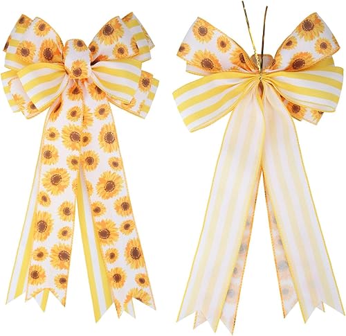 Miniatura 3 de Arco de arpillera de girasol más grande con rayas amarillas y blancas para envolver regalos, verano, otoño, decoración de árbol de Navidad,