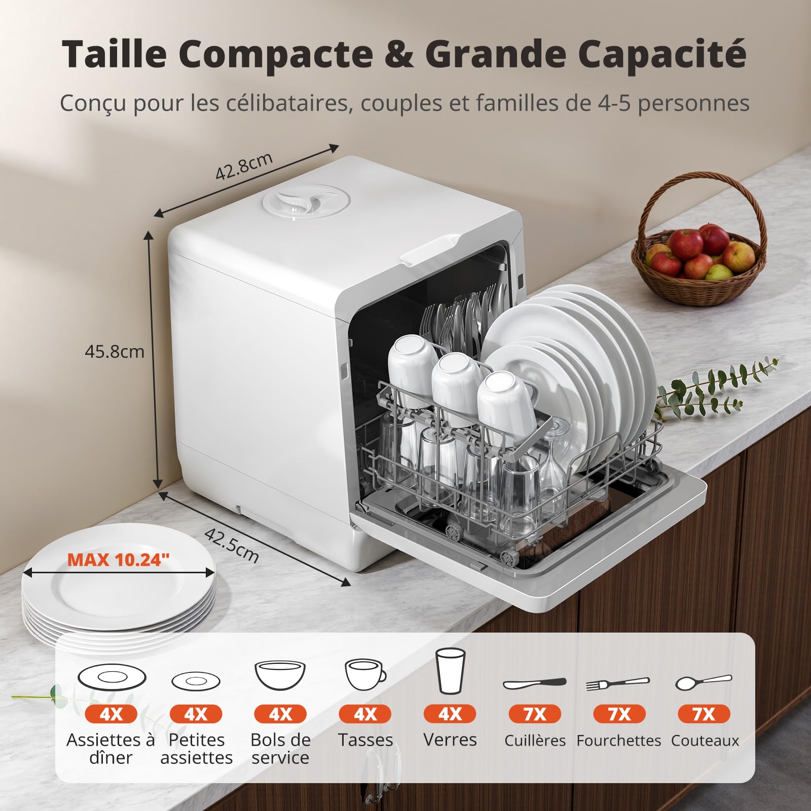 AIRMSEN Mini Lave-Vaisselle de Table Portable 5L 8 Programmes Départ Différé 1-18h Adoucisseur d'Eau Sécurité Enfant