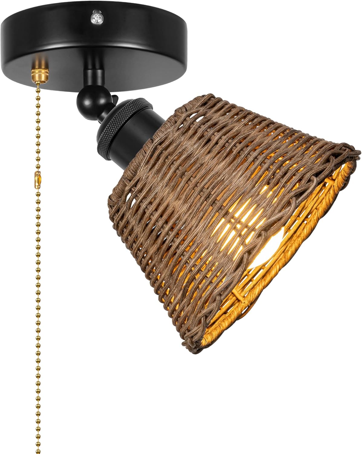 Adjustable Light, Zipper Switch 12V RV Industrial Natural Boho Wicker Hand Woven Rattan Cover, E26 Socket Semi Flush Mount Mini Interior Lighting Decorative for Boat Camper Hallway