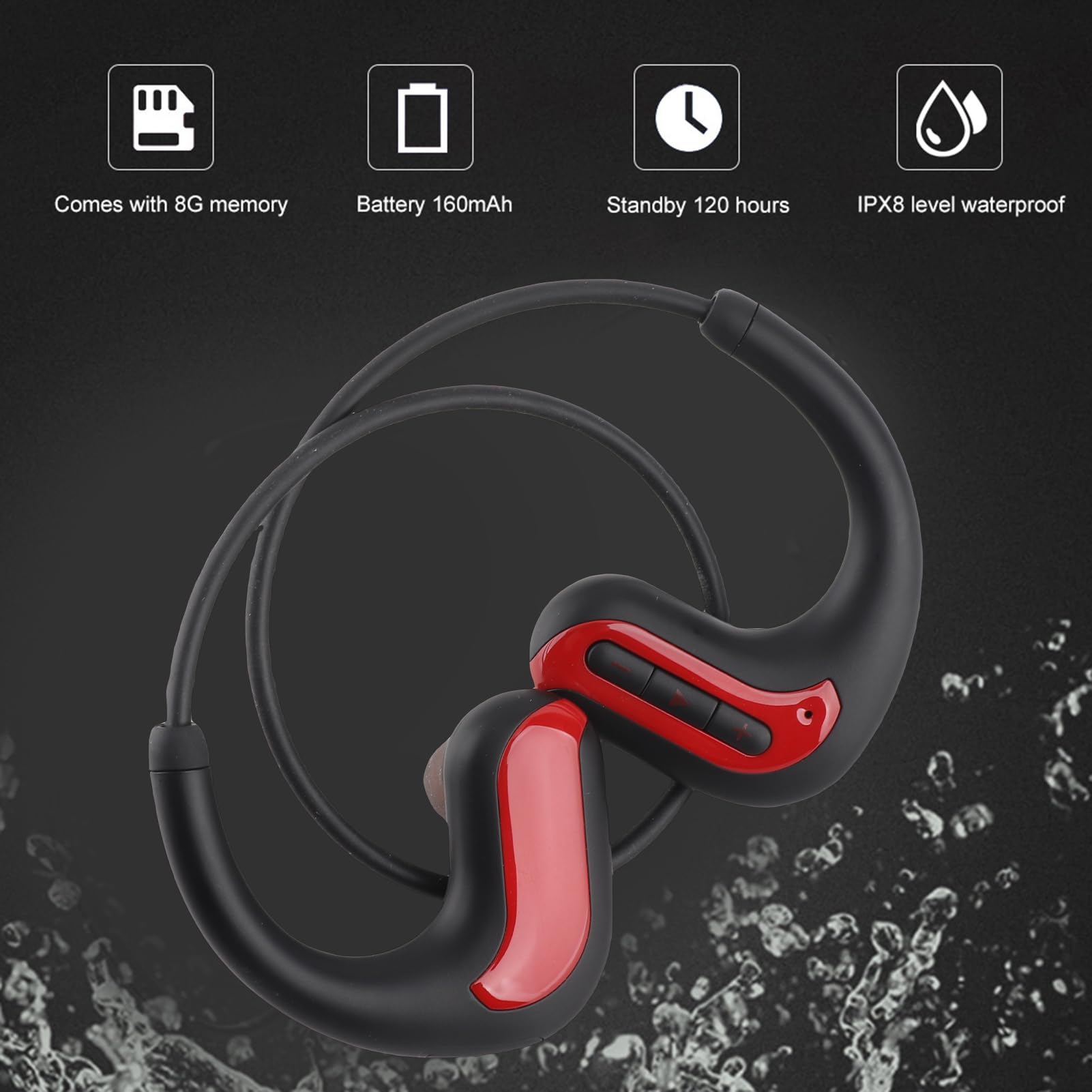 Wakects Auricolare Bluetooth Impermeabile con Memoria da 8 GB IPX8 ABS Cuffie Sportive Sospese Posteriori Riproduzione da 7 a 8 Ore per gli Utenti di Nuoto e Corsa in Palestra (rosso)