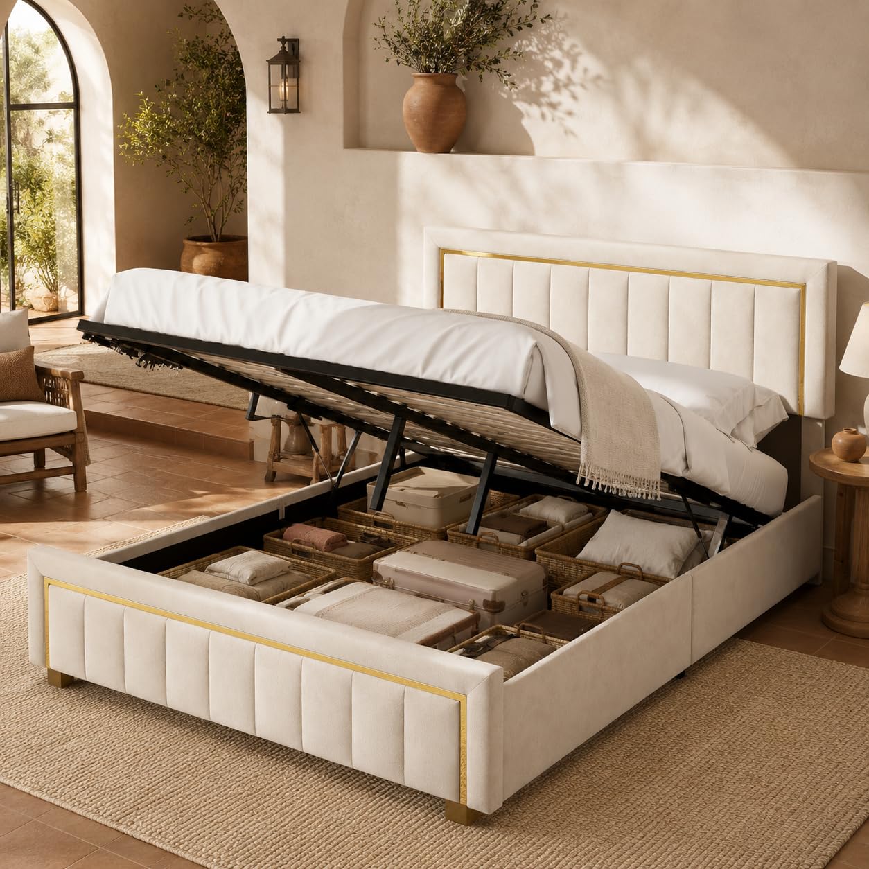 Cama de Matrimonio 140x200 cm con Canapé Abatible, Cama Tapizada de Terciopelo con Gran Espacio de Almacenamiento, Cabecero y Pie de Cama Acolchados, sin Colchón, Beige