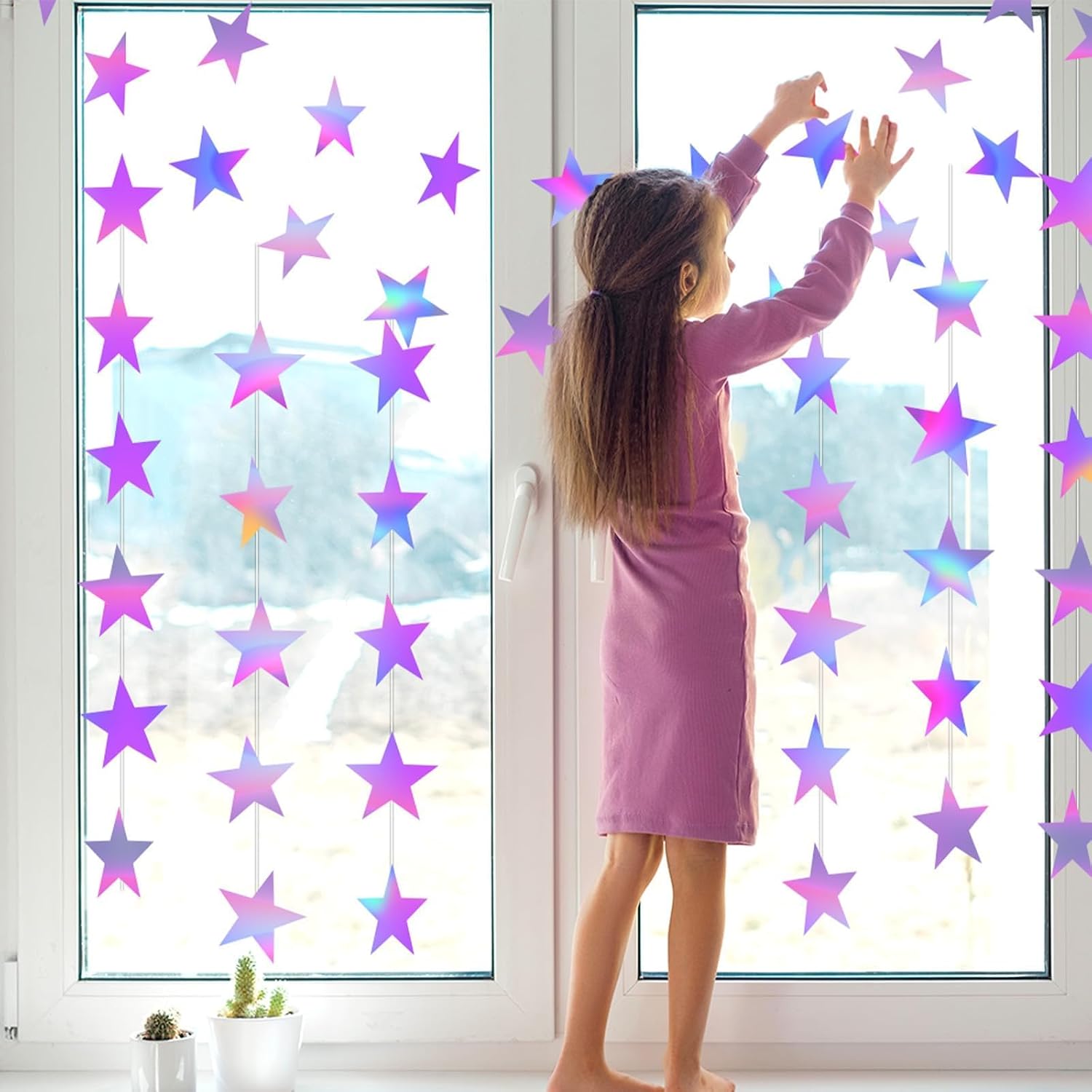 130 Feet Glitter Star Garland Banners Kpop Decorations Hanging Bunting Stars 2026 Graduation Purple Star Streamers Double Side Decor Twinkle Garlands for Anime Wedding Dance Birthday Party Supplies