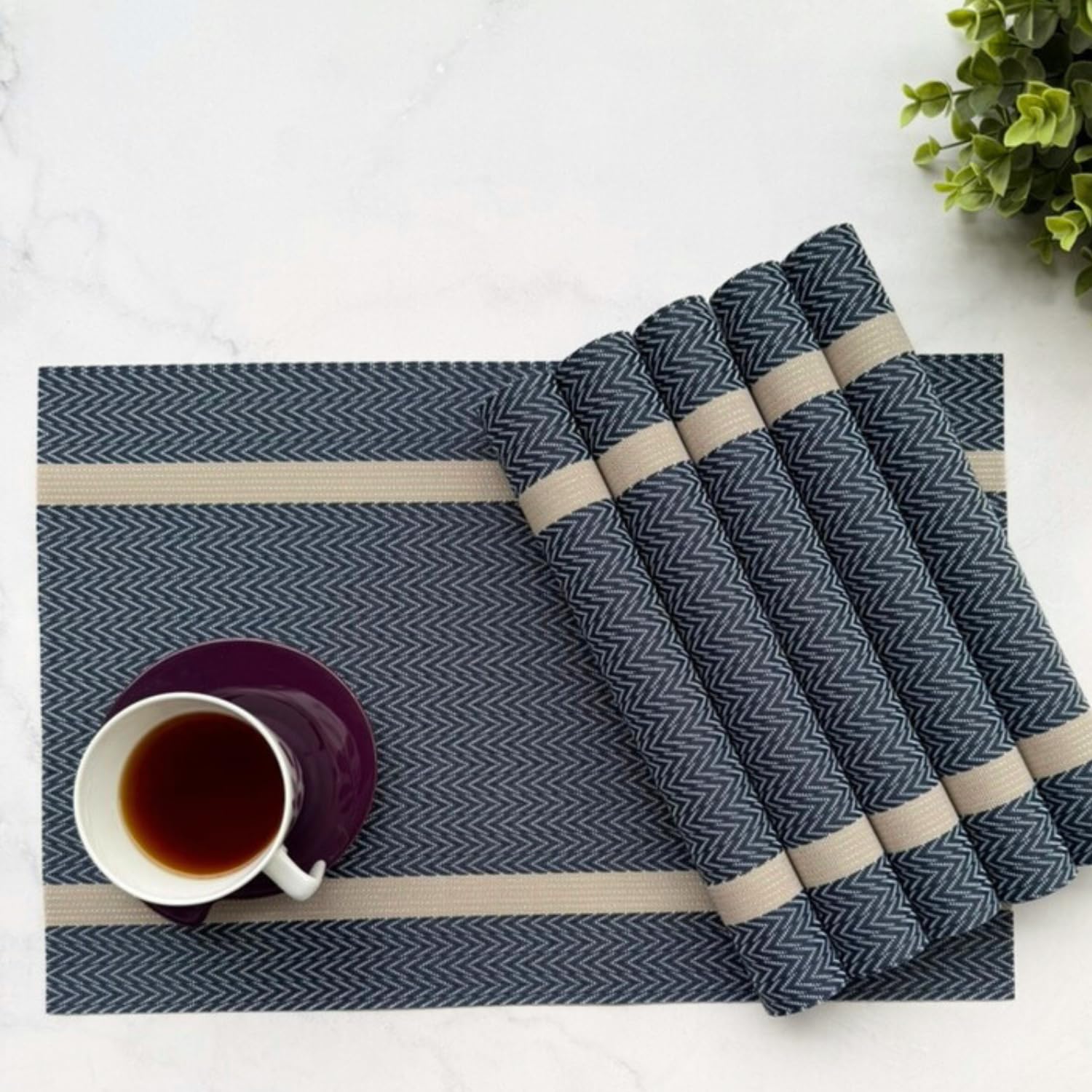 Premium PVC Dining Table Mats for 6 Seater| Woven PVC Placemats | Heat Resistant & Anti Skid Table Mats| Wipeable & Washable Set of 6- Midnight Chevron-image-42