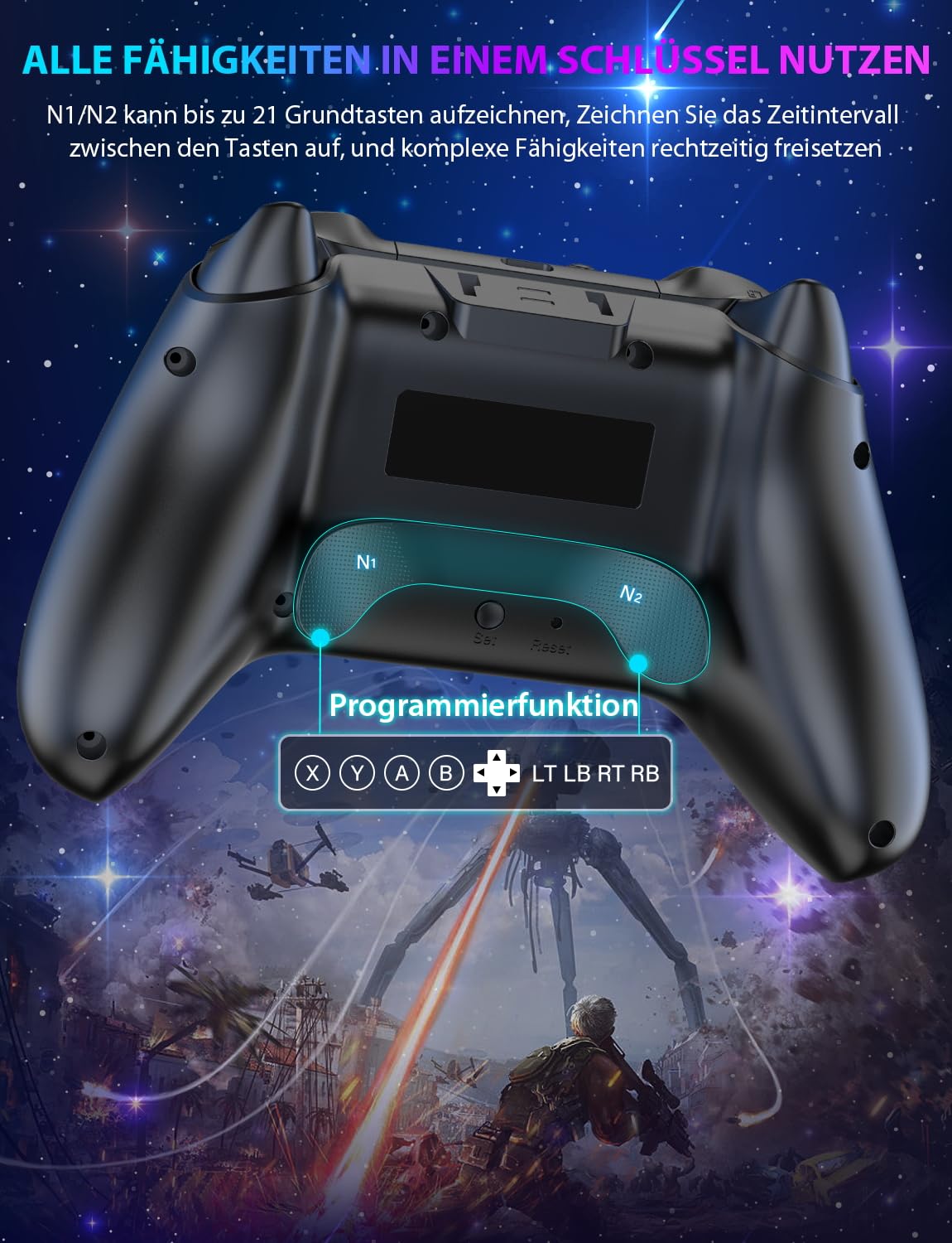 Switch Pro Controller für Nitendo Switch/Oled/Lite/Switch 2 - 1200 mAh Wiederaufladbar Wireless Switch Controllers mit 9 RGB Licht, Programmierbar, Wake Up Funktion, Turbo, Vibration - Sternenhimmel