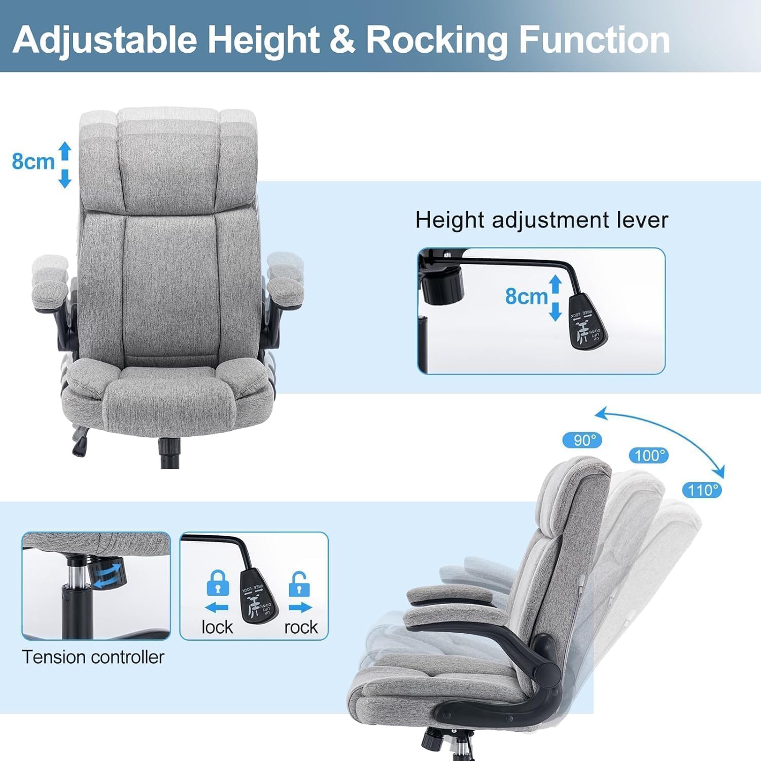 Office Chair High Back Ergonomic Executive Computer Desk Chair Comfortable Fabric Padded Home Office Desk Chairs with Flip-up Arm Rest Adjustable Height Swivel Wheels (Grey)