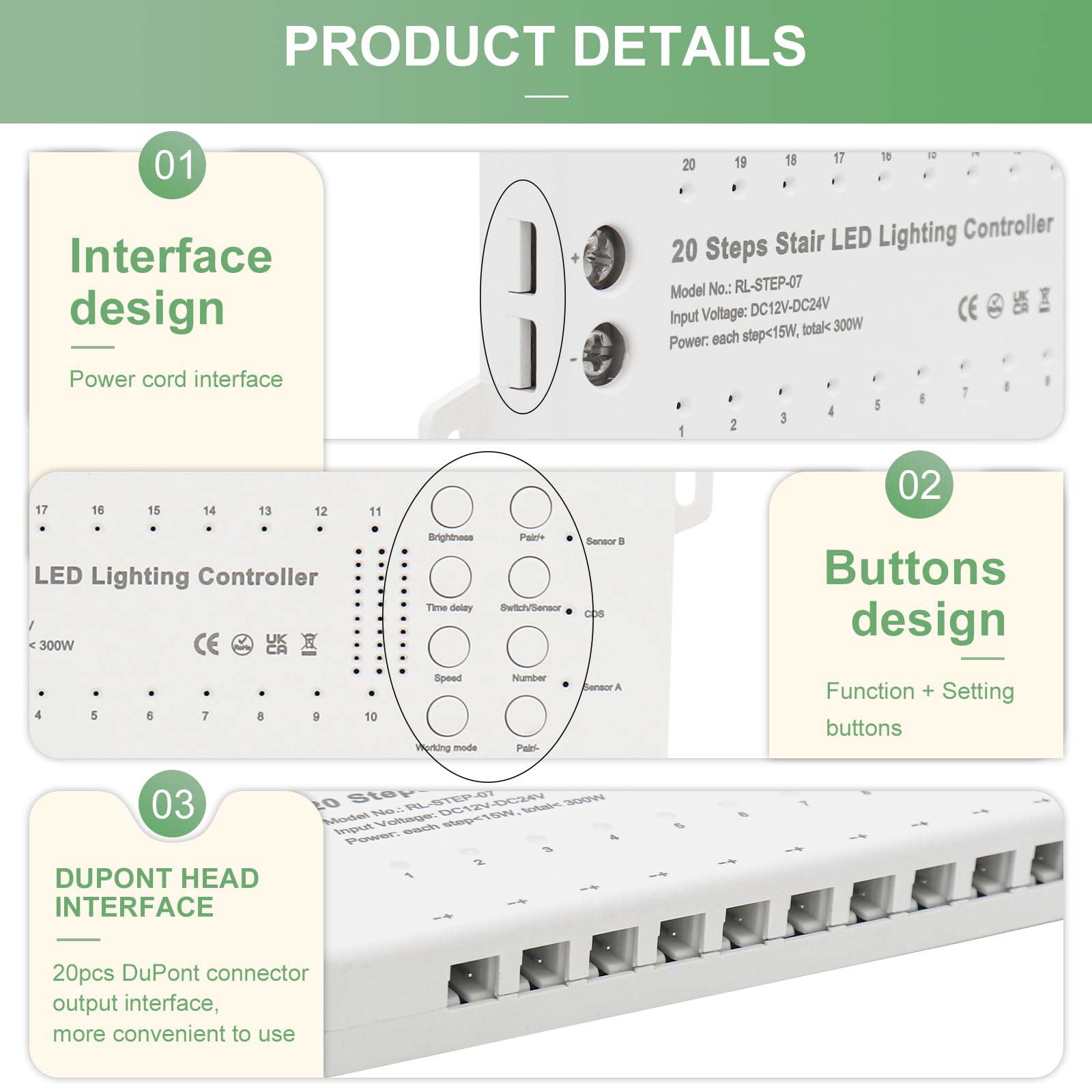 Iluminación Escalera Inteligente 16 Escaleras, Detector de Movimiento PIR e Interruptores De Pared Inalámbricos, Kit LED COB 3000K, Iluminación LED Escalera Interior Segura