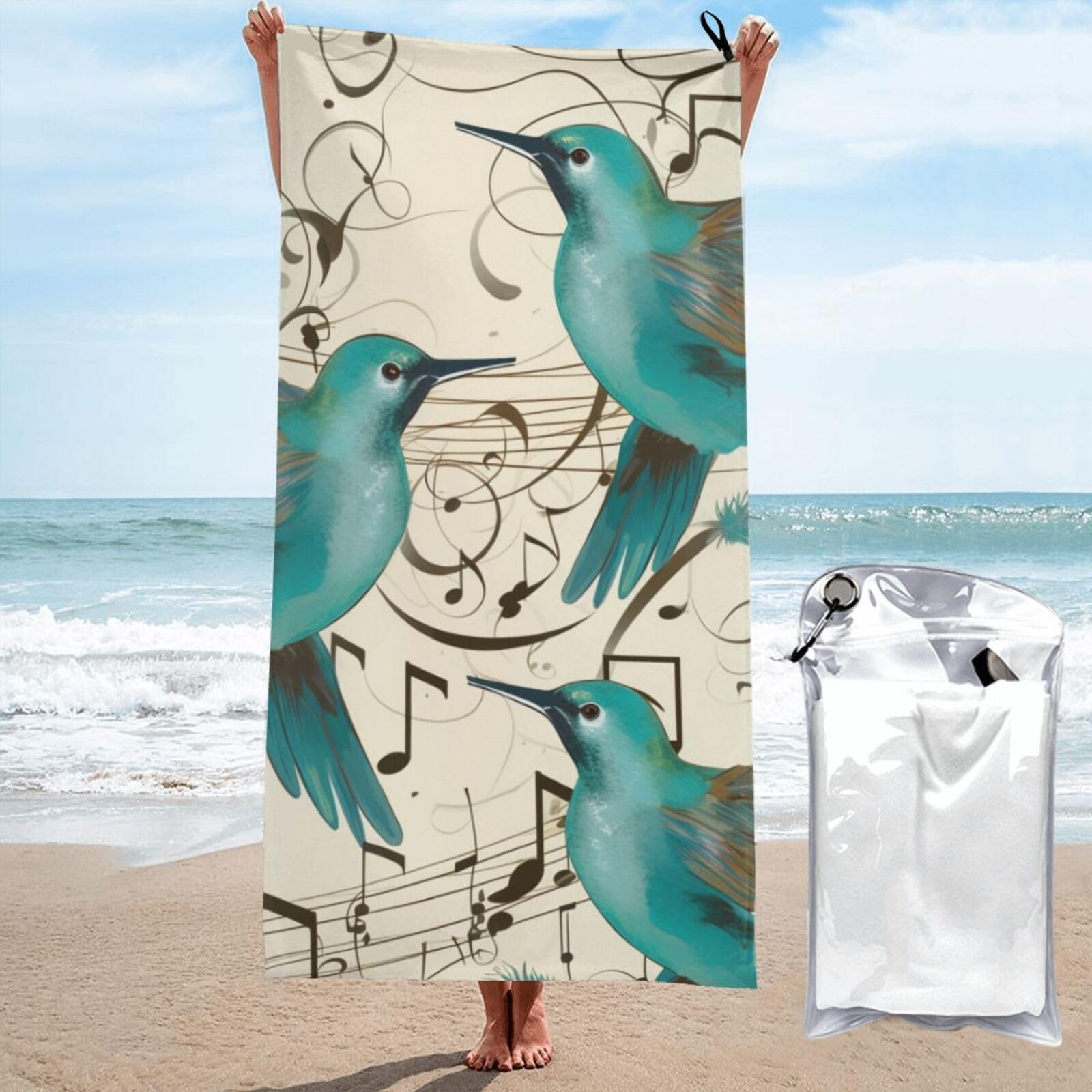 BWWHCCTI Teal Birds Musical Note Printed Microfiber Quick Dry Beach Towel 80x160 CM, Fast Drying Bath Towels with Bags for Travel,Camping,Gym,Beach,Swimming,Yoga