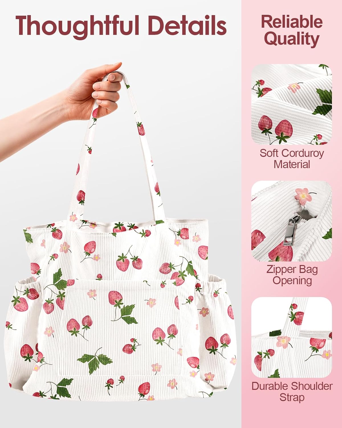 Large Corduroy Tote Bag for Women - Cute Shoulder Reusable Canvas Bags with Zipper Multi-Pocket for School - Image 6