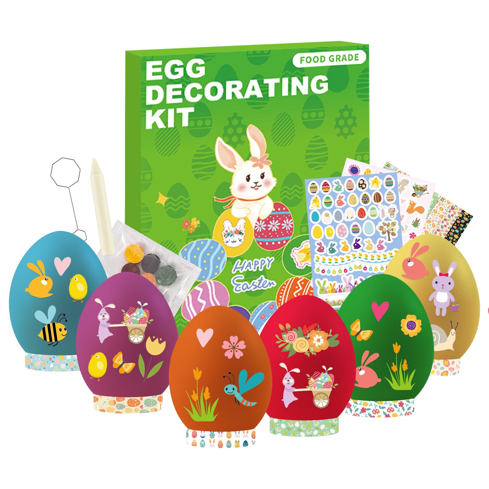 Ovenli Easter Egg Decorating Kit Variety Pack, 6 Colors Food Coloring Dye Tablets with 89 Stickers, 8 Egg Stands for Easter Theme Party, Creativity Activity DIY Gift