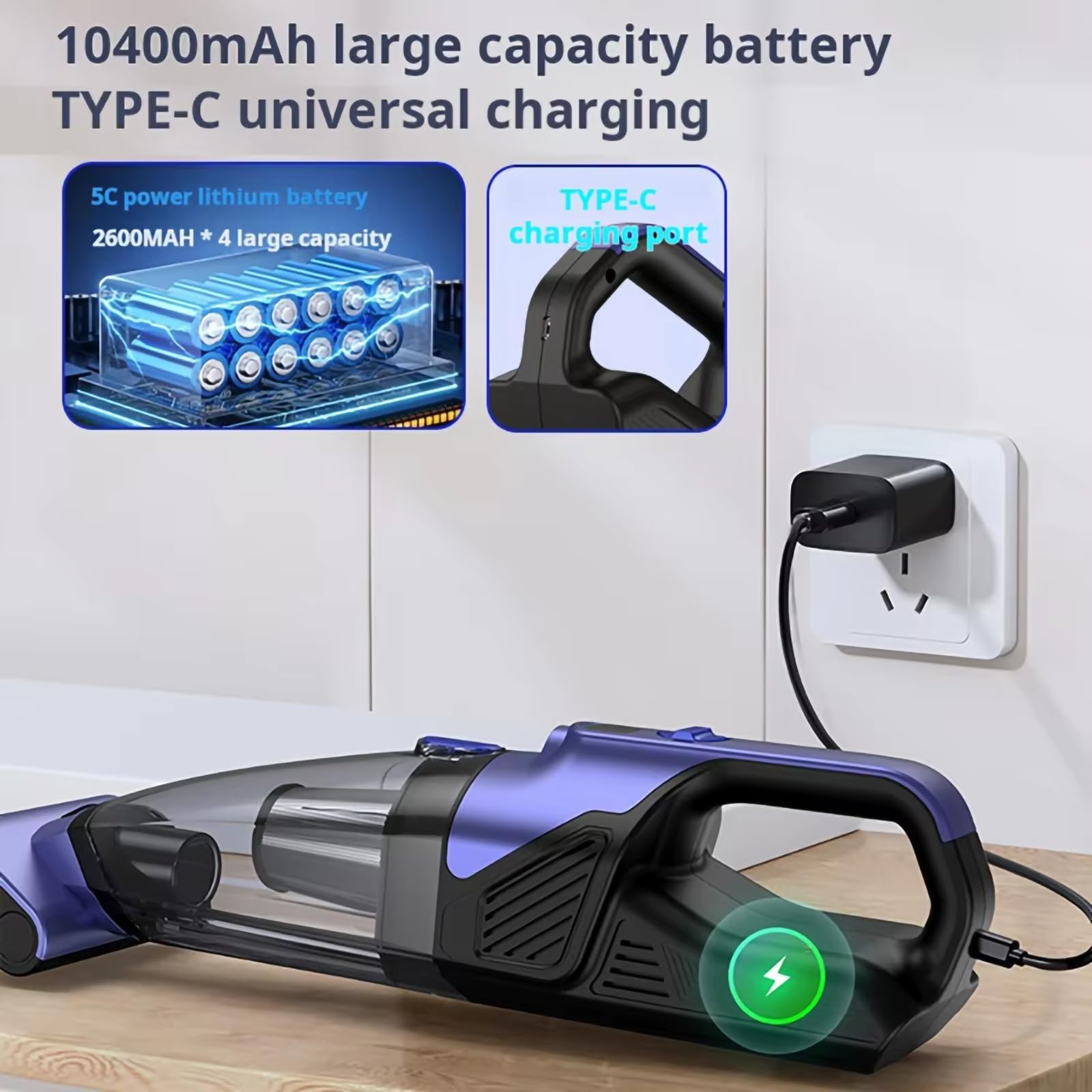 Aspiradora de Coche inalámbrica de Mano con Potente succión de 10000 PA, 2 velocidades, Filtro Lavable, batería de 10400 mAh, USB-C, para Limpieza del hogar,Black