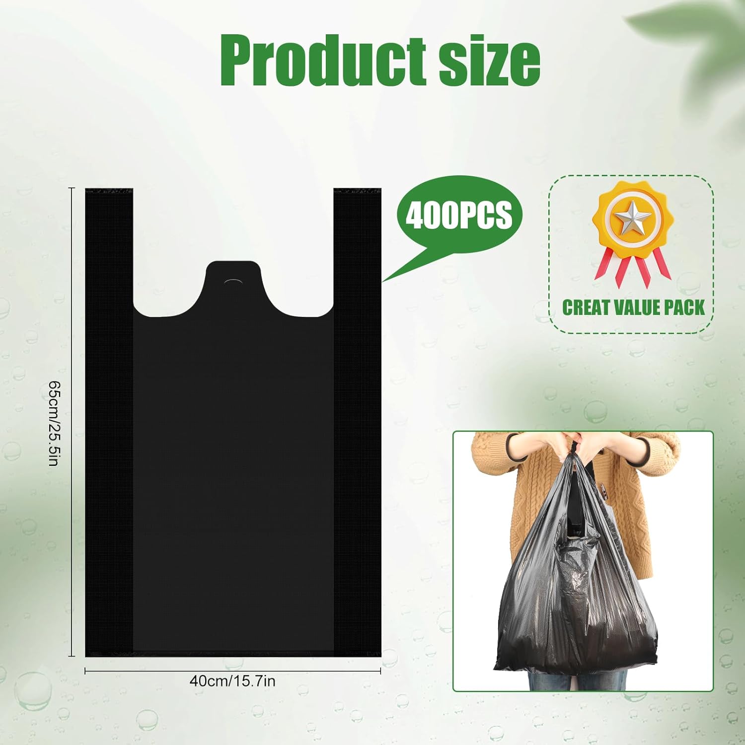 400Pcs 25.5"X 15.7"Plastic T Shirt Bags with Handles,25 MIC Heavy Duty Black Grocery Bags,Large Disposable Plastic Bags for Shopping Restaurant Retail Grocery Stores - Image 2