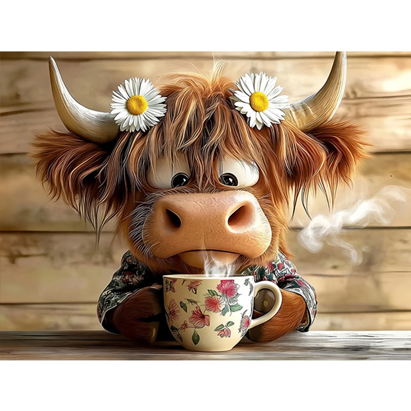 POETRYDRAW Highland Cow Morning Coffee 5D Round Drill Diamond Art Painting Kit for Adults & Beginners Wall Decor Gift 15.75x11.81
