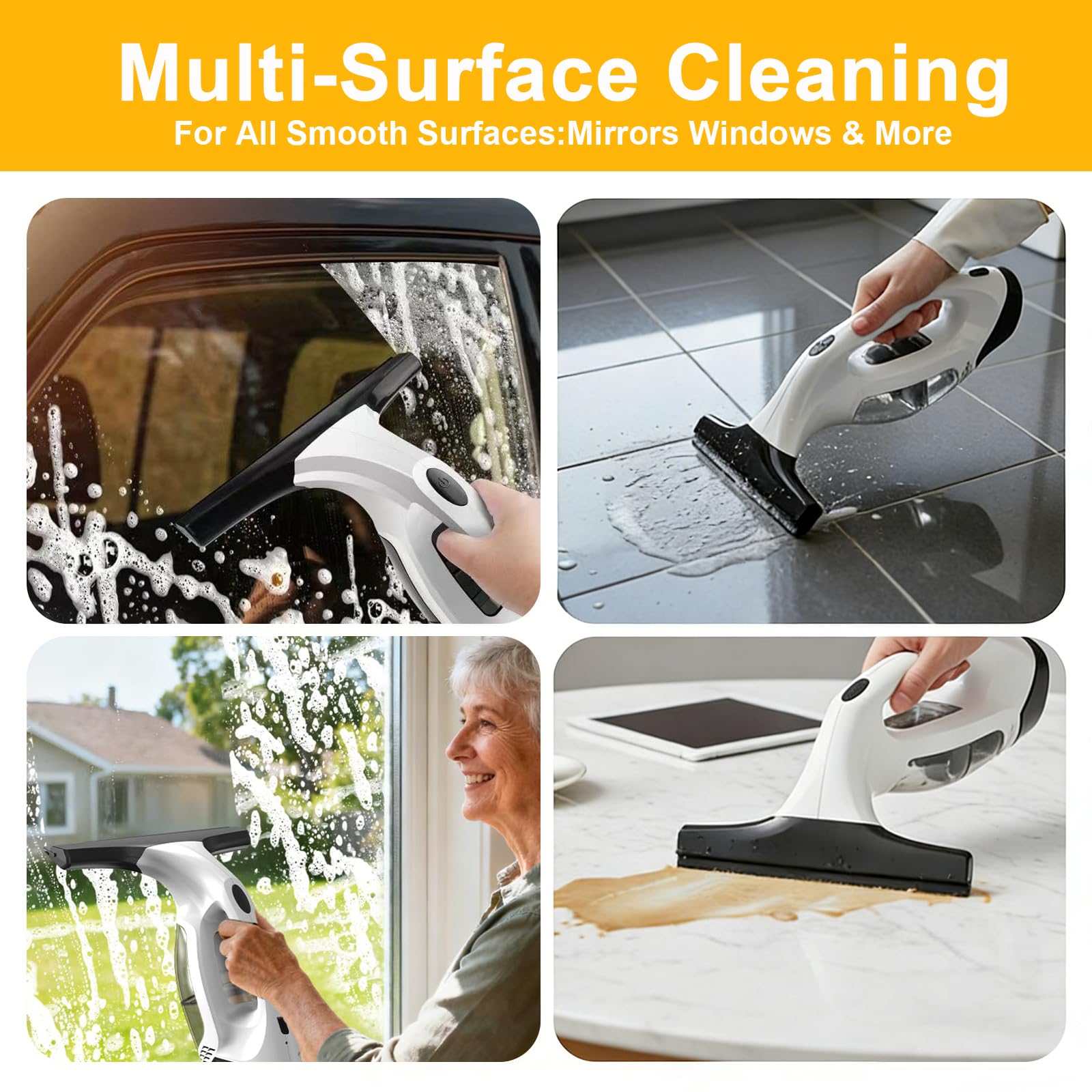 Aspirateur à Vitre sans Fil, Nettoyeur Vitre Électrique Portable avec Bouteille Spray et Chiffon Microfibre pour Fenêtres, Miroirs, Carrelage – Aspiration Puissante 2000Pa, Autonomie 40min