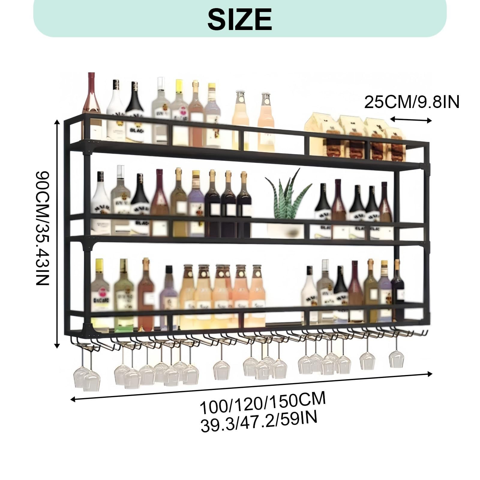 Weinregal Wand, 3 Ebenen Wand-Weinregale mit Glashalter, Multi funktionaler Weinpareite Display Rack,Weinflaschenhalter Wandmontage, für Zuhause, Bar, Küche, Restaurant (BLACK, 150*25*90cm)