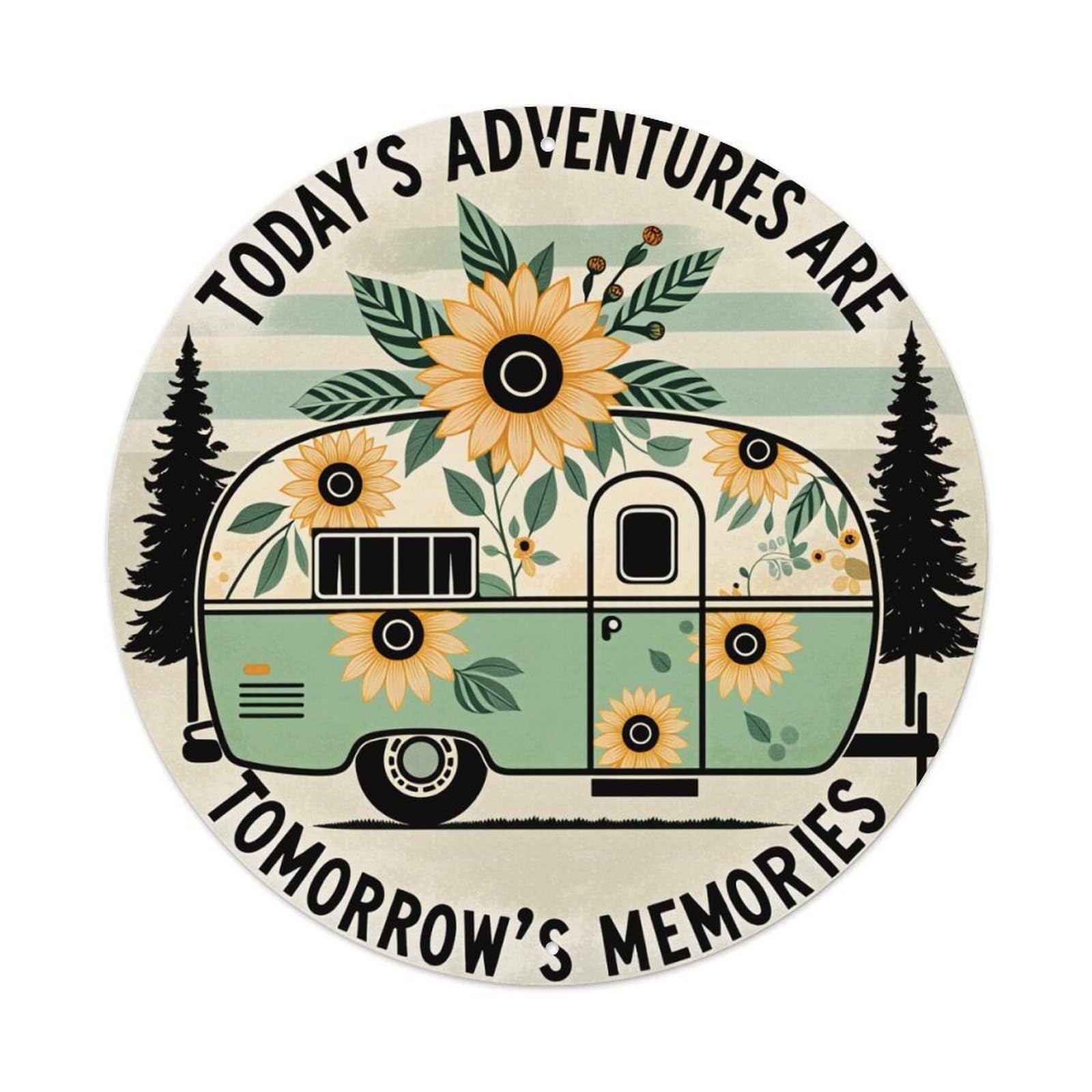 Retro Camper Sunflower Forest Adventure Vintage Metal Tin Sign Retro Wall Decor for Home Bar Garage Cafe, Indoor & Outdoor Decorative，circle Metal Poster, 8x8 Inch