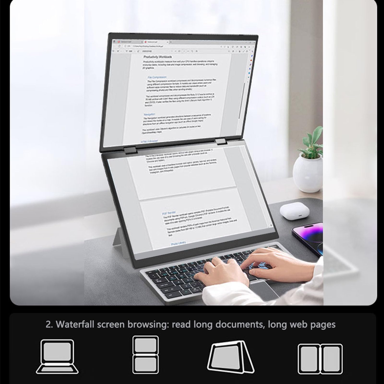 Bewinner 14 Laptop Touchscreen 2 in 1, Monitor Portatile Impilato Pieghevole IPS 2.2K 60Hz, per Celeron 12a Generazione, Thread 1.7GHz, DDR4, (Spina UE da 32 GB +