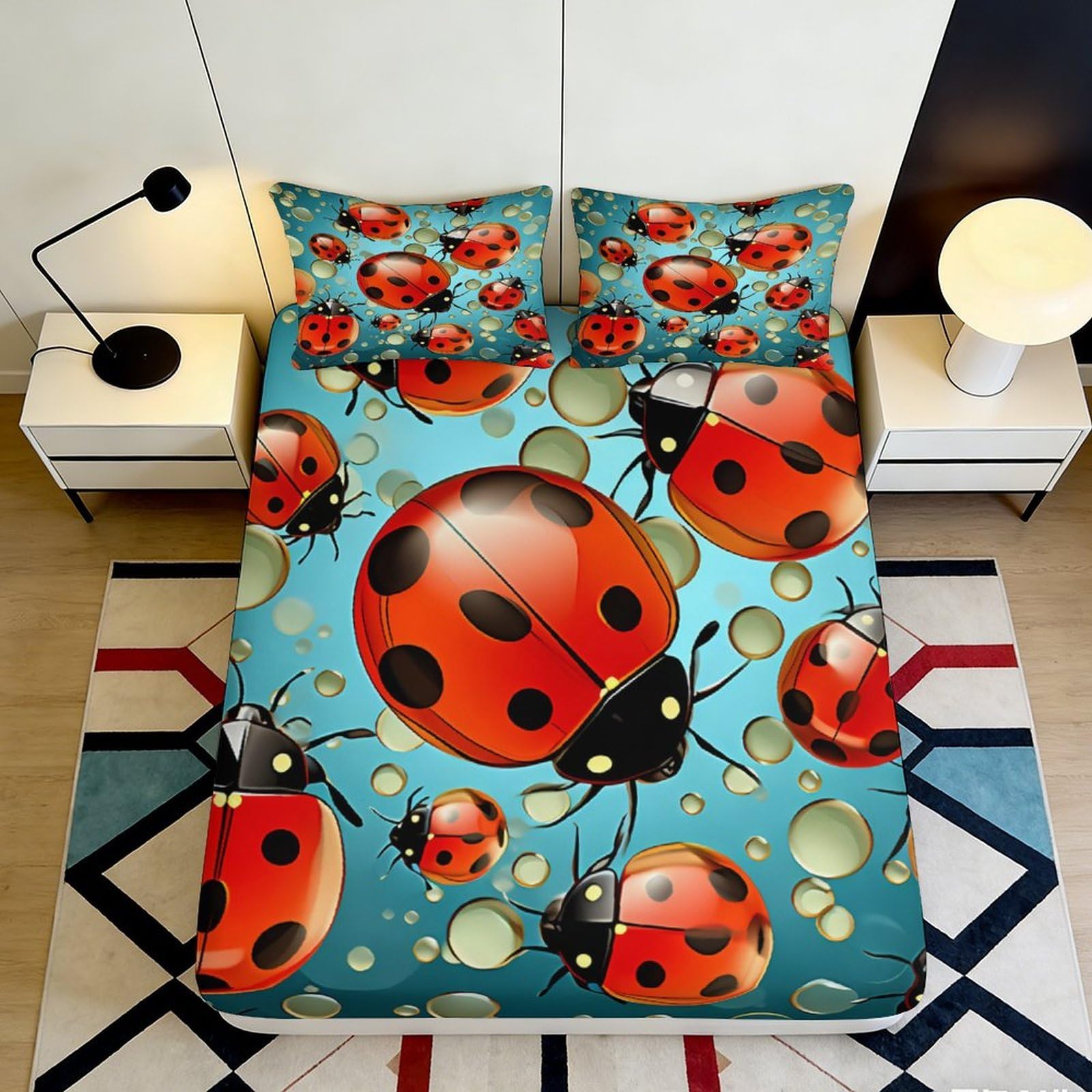 3D Printed Ladybug Cartoon Fitted Sheet Microfiber Anti-Slip Bed Cover for Bedroom Dorm Machine Washable Decor 119 90x200x25cm