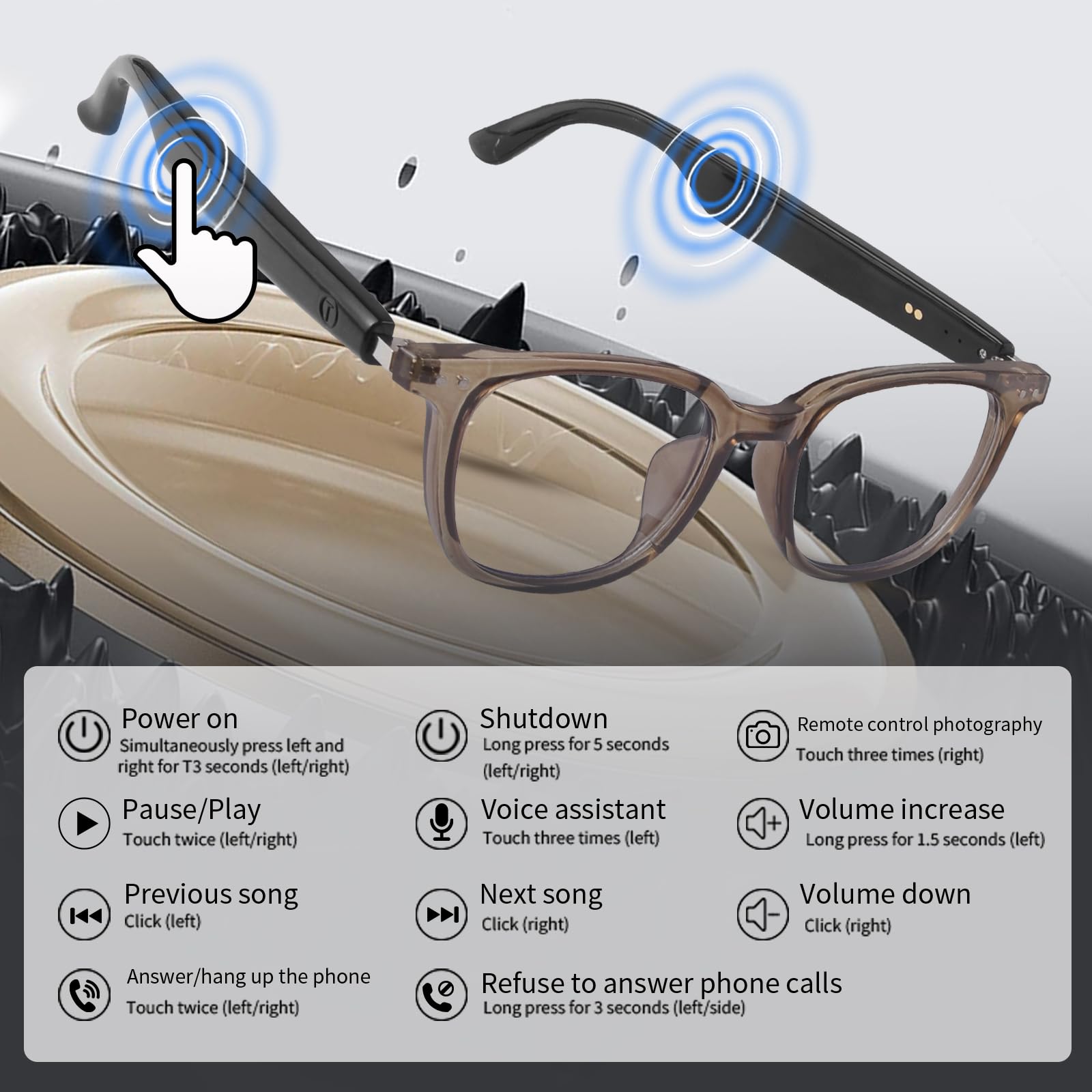 Casque intelligent sans fil - Lunettes de soleil audio intelligentes pour homme et femme - Avec microphone, haut-parleur - Verres polarisés - Fonction audio avec écouteurs ouverts