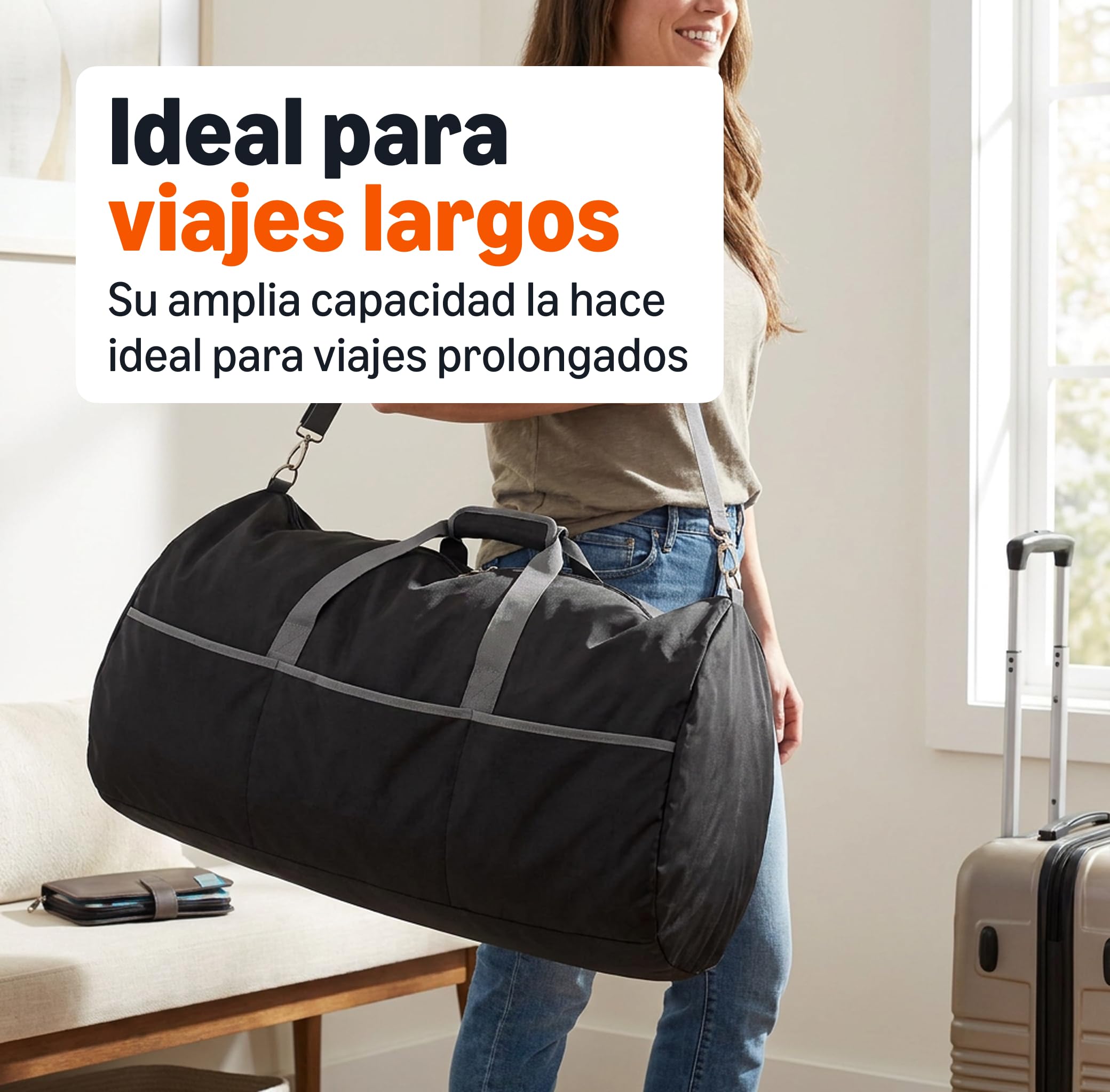 Amazon Essentials Macuto de Nailon Plegable Extragrande de 82,3cm para Viajes o Almacenamiento con Bolsillos con Cremallera, 150L, Capacidad de 22,68kg, Negro (anteriormente Amazon Basics)