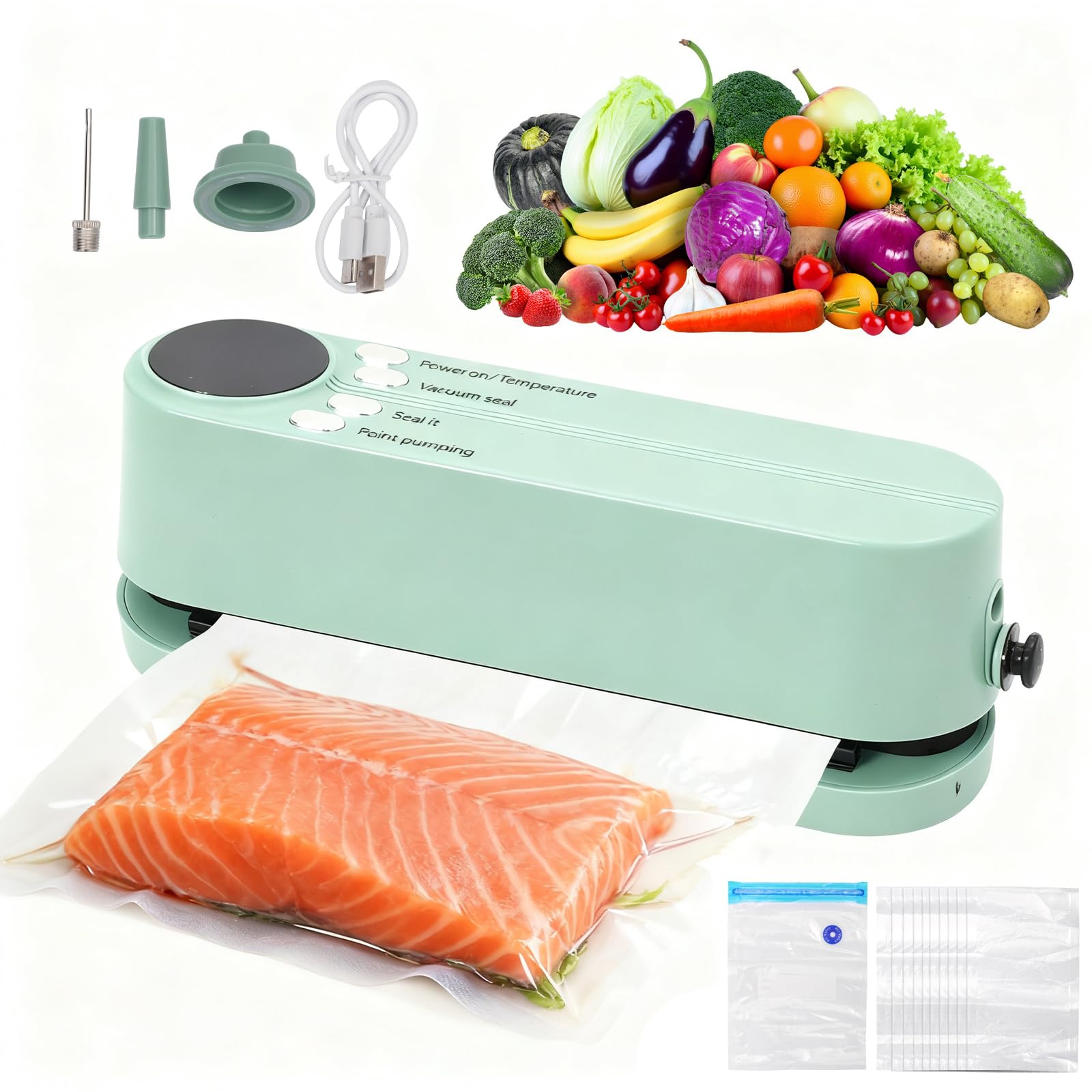 Vacuum Sealer Machine 6 in 1 Mini Vacuum Heat Sealer for Dry/Moist Food Fresh Preservation 60 KPA Portable Sealing Machine for Snack and Food with 3 Air Extraction Adapter Built-in Cutter,LED Display