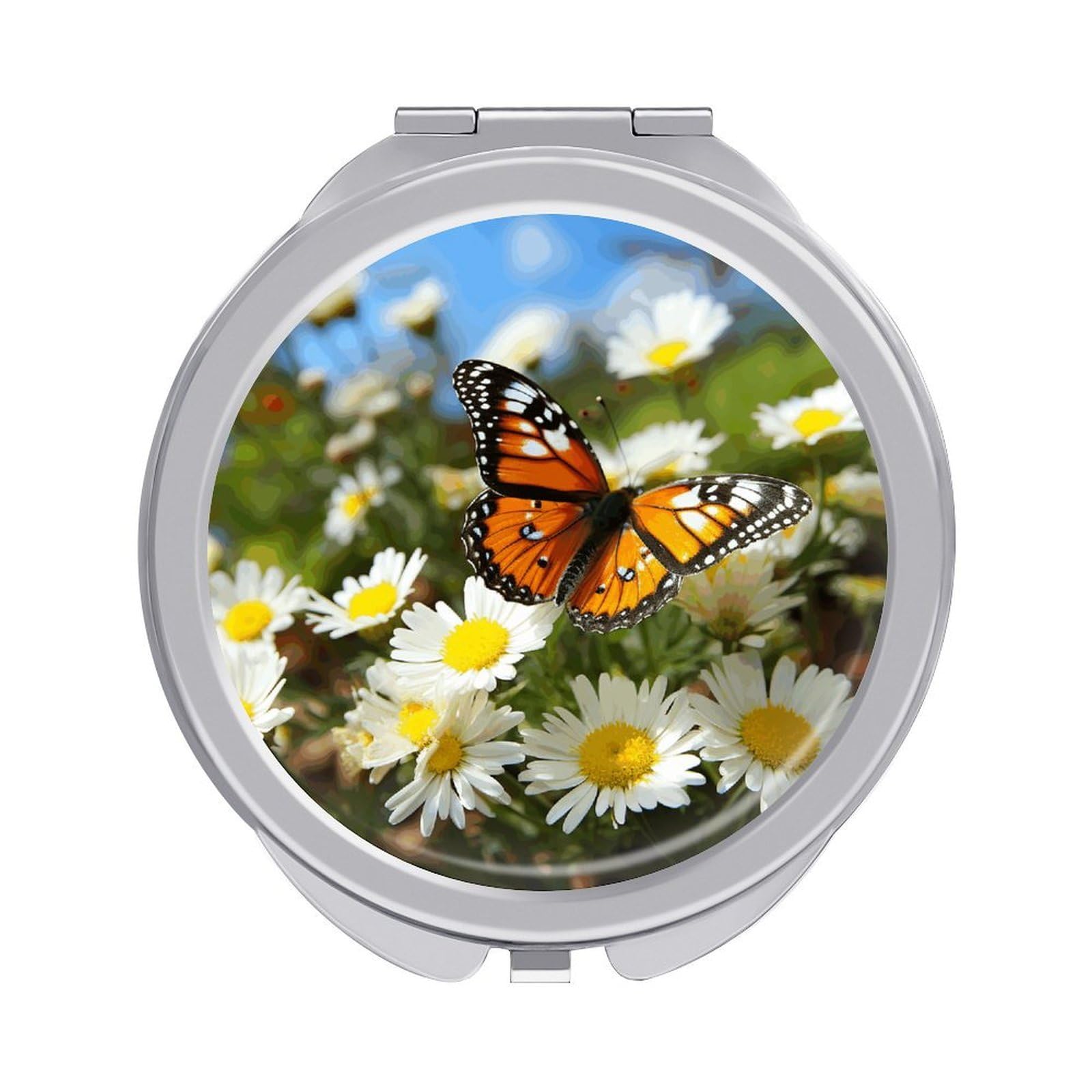 JTREHY Butterfly on Daisy Flower Makeup Mirror Silver Mirror Surface Folding Makeups Mirrors Lightweight Durable Looking Glass for Suitable Traveling Handbag and Purses