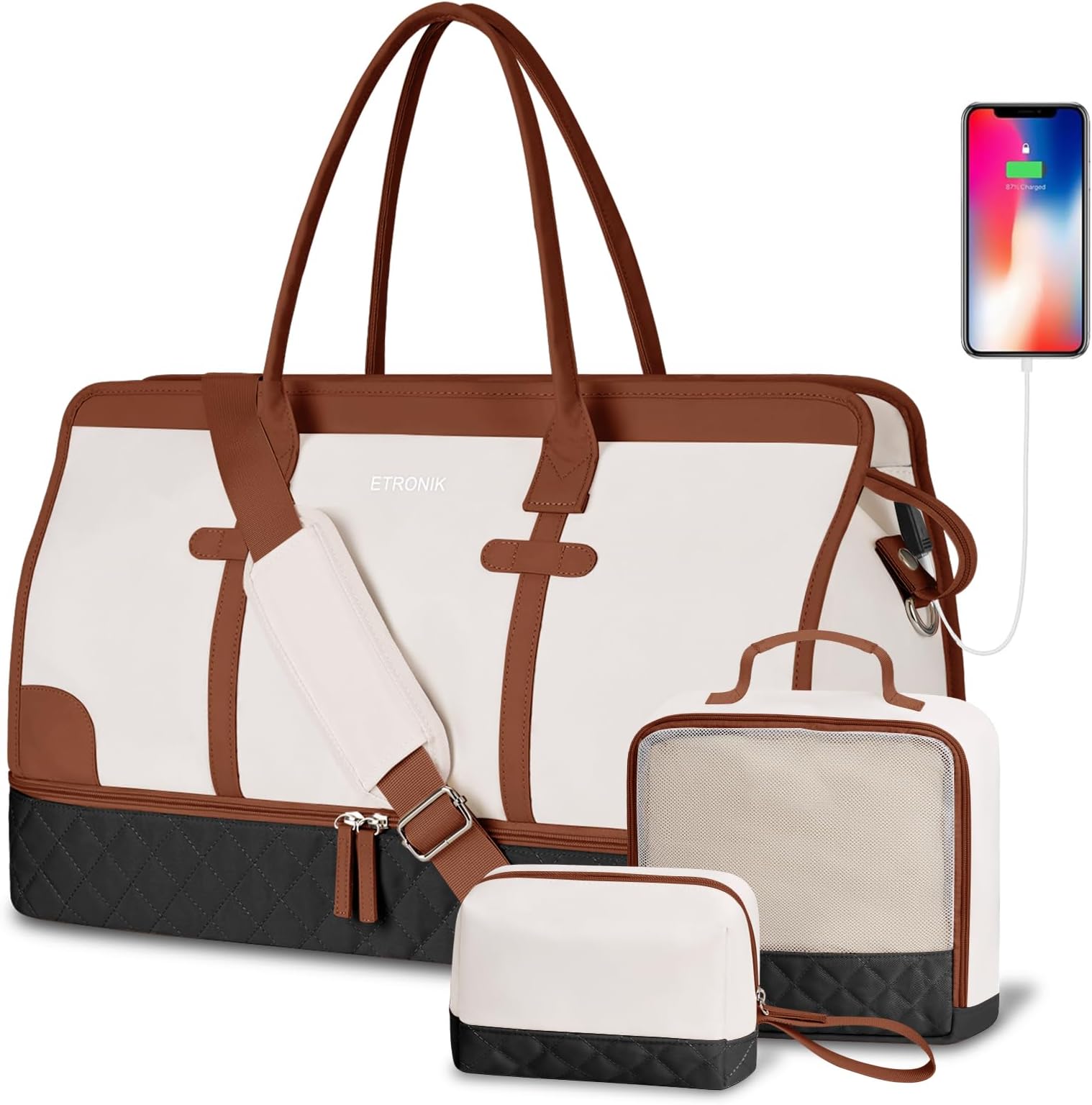 ETRONIK Weekender Overnight Bags for Women, Large Travel Duffle Bags with Shoe Compartment & Wet Pocket, Carry On Gym Bag with Toiletry Bags for Hospital 3 Pcs Set, Large Size, Black Beige Brown