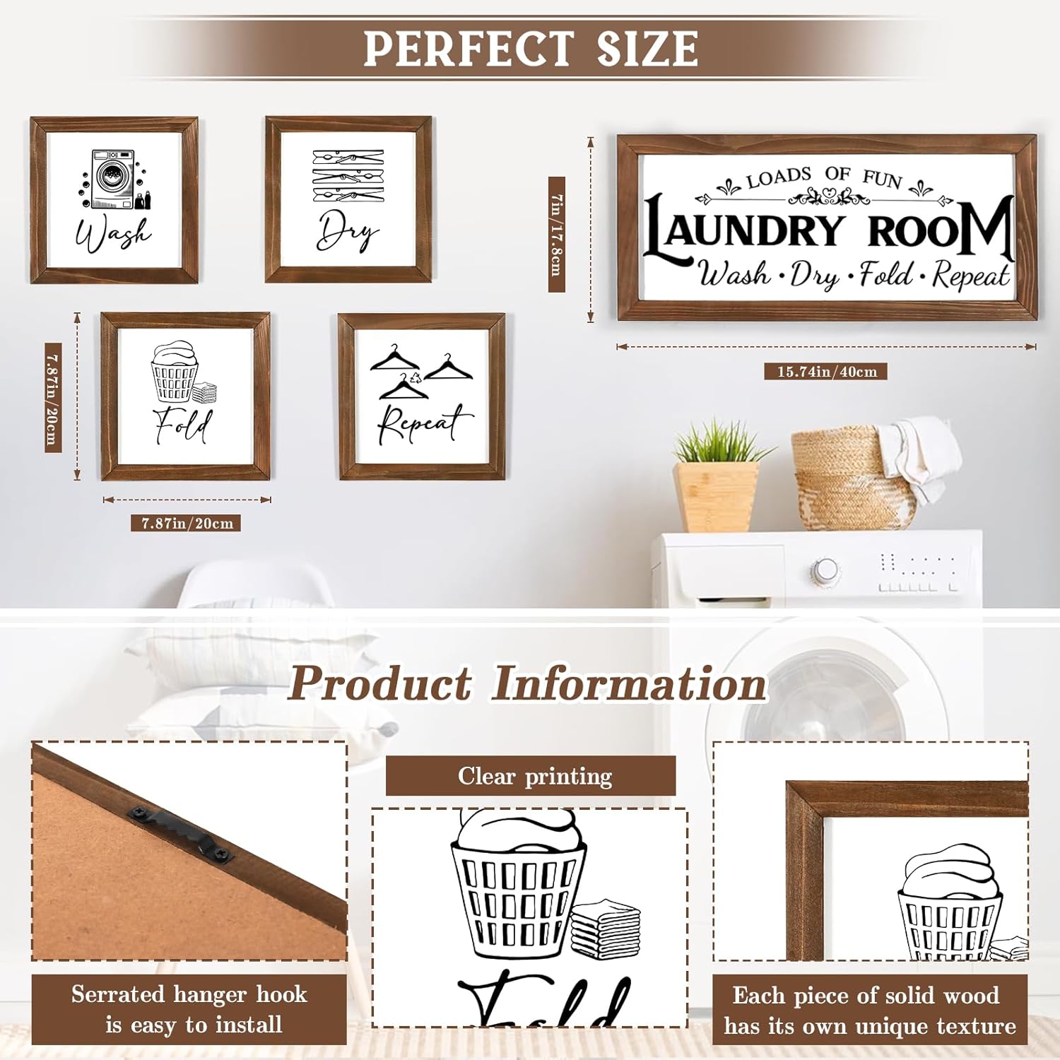 Laundry Room Wall Decor Set of 5 - Farmhouse Wood Signs with Wash Dry Fold Put Away, Rustic Laundry Room Art with Wood Frame Decorative Room Sign