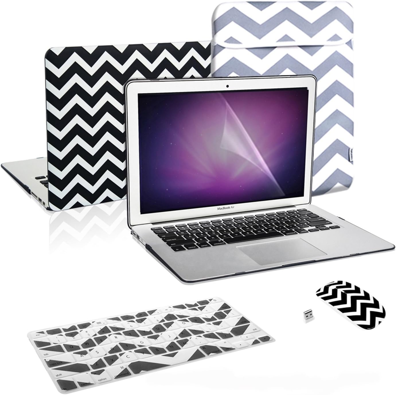 TOP CASE - 5 in 1 Omni Bundle Chevron Black Rubberized Hard Case, Keyboard Cover, Screen Protector, Sleeve, Mouse Compatible MacBook Air 13" A1369 & A1466 (Older Version, Release 2010-2017)