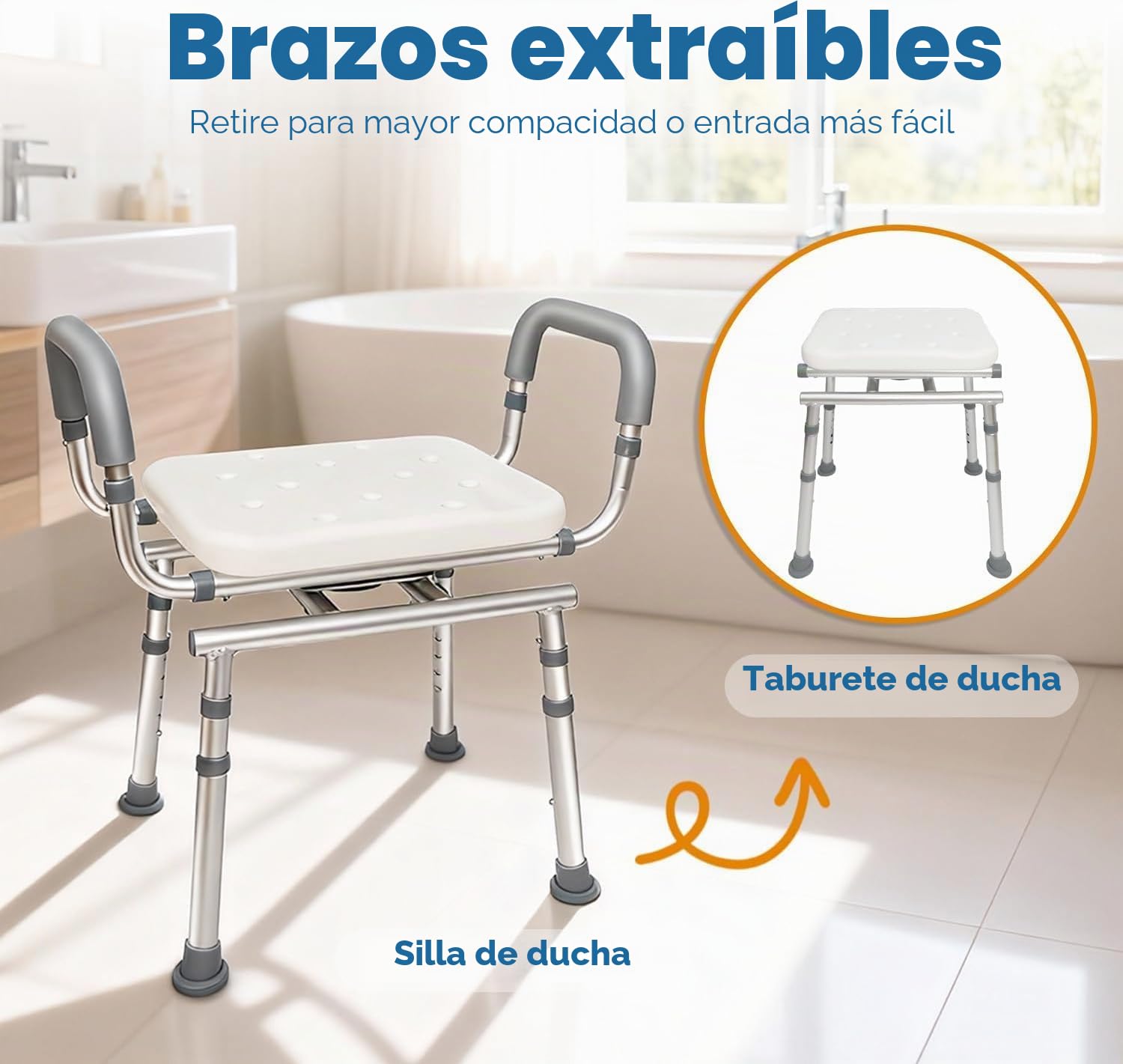 Agrish Silla de Ducha Giratoria 360° para Personas Mayores, Altura Ajustable con Brazos Desmontables y Soporte para Ducha, Antideslizante, Capacidad 159 kg