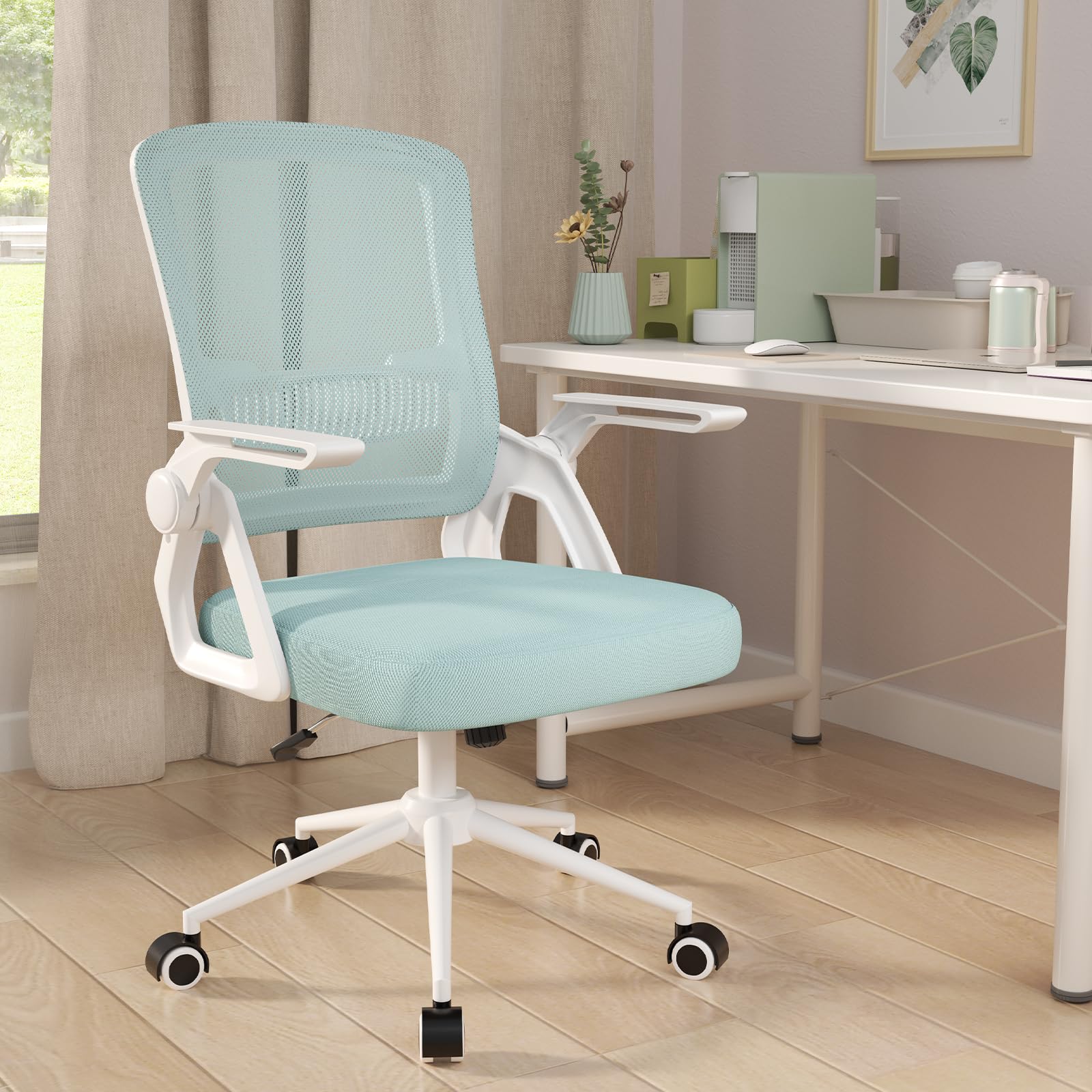 naspaluro Silla de Oficina con Reposabrazos Plegables, Silla Escritorio Ergonómica, Giratoria Ordenador de Malla, Soporte Lumbar, Regulable en Altura, Adecuada para la Oficina en Casa, Estudio, Verde Global Recycled Standard Global Recycled Standard Global Recycled Standard