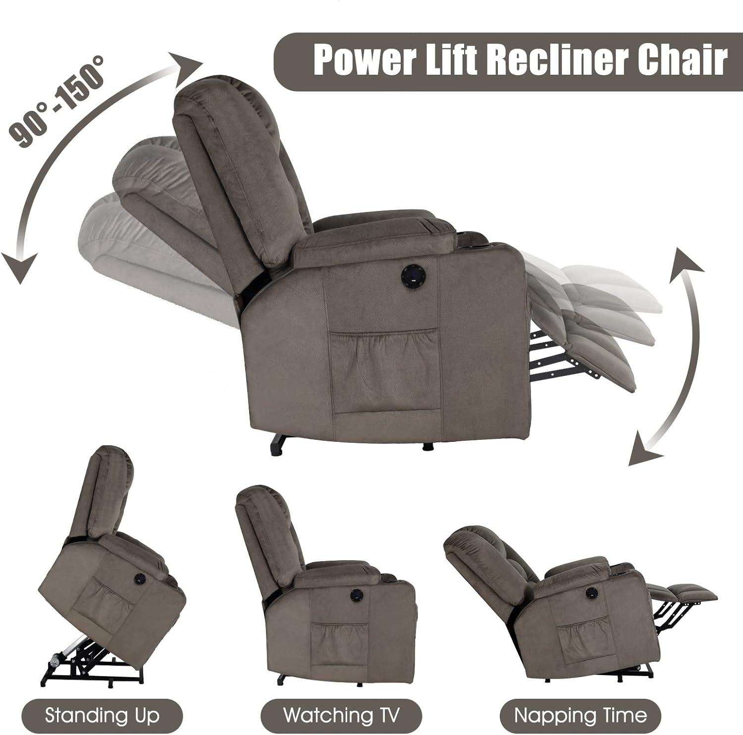 Electric Power Lift Recliner Chair for Elderly Living Room Sofa with Massage and Heat Reclining with Remote Control(E)