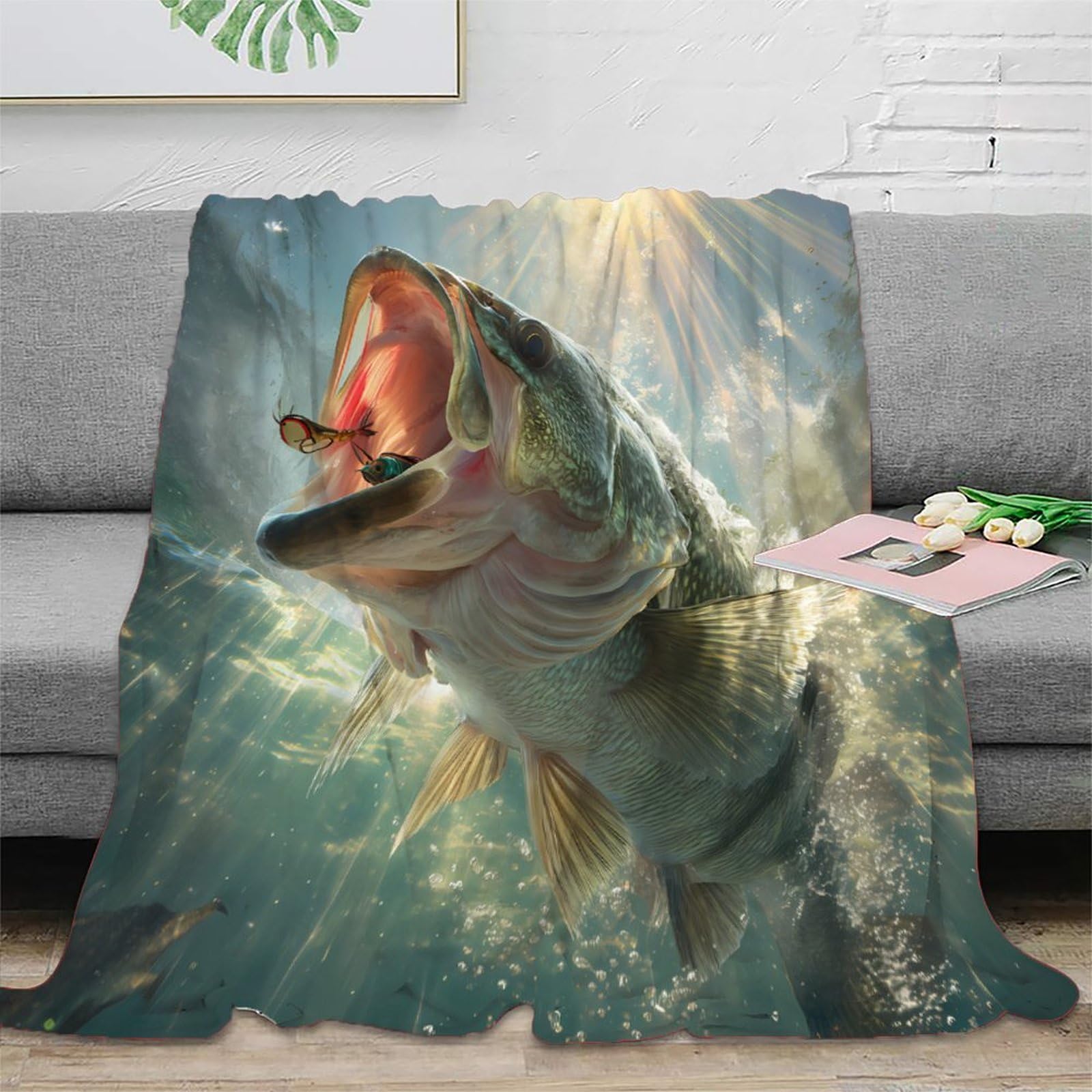 Couverture 3D Largemouth Bass en microfibres 150x200cm pour camping et voyage