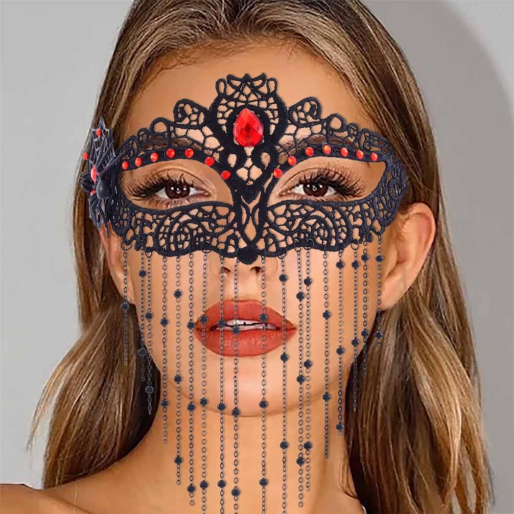 Tgirls Rhinestone Masquerade Mask Tassel Beaded Masquerade Lace Masks Crystal Face Mask Costume Party Eye Mask (Black)
