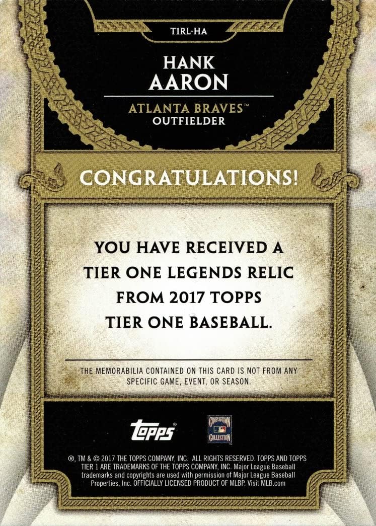 2017 Topps Tier One Relics Legends #T1RL-HA Hank Aaron Game Used Bat Baseball Card - Only 200 made!
