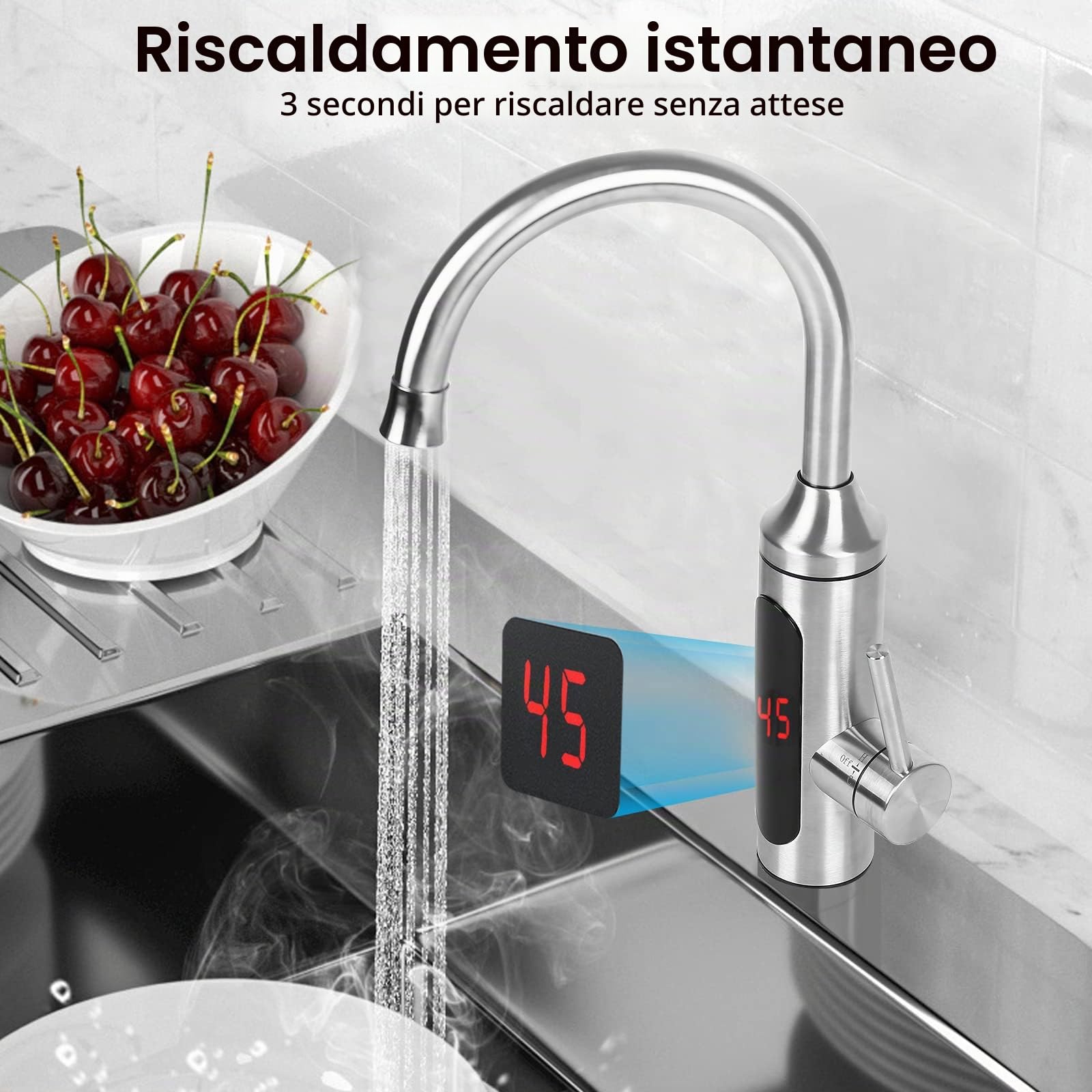 Rubinetto elettrico con scaldabagno istantaneo (230 V, display LCD, rotazione a 360°, con scaldabagno istantaneo per cucina)