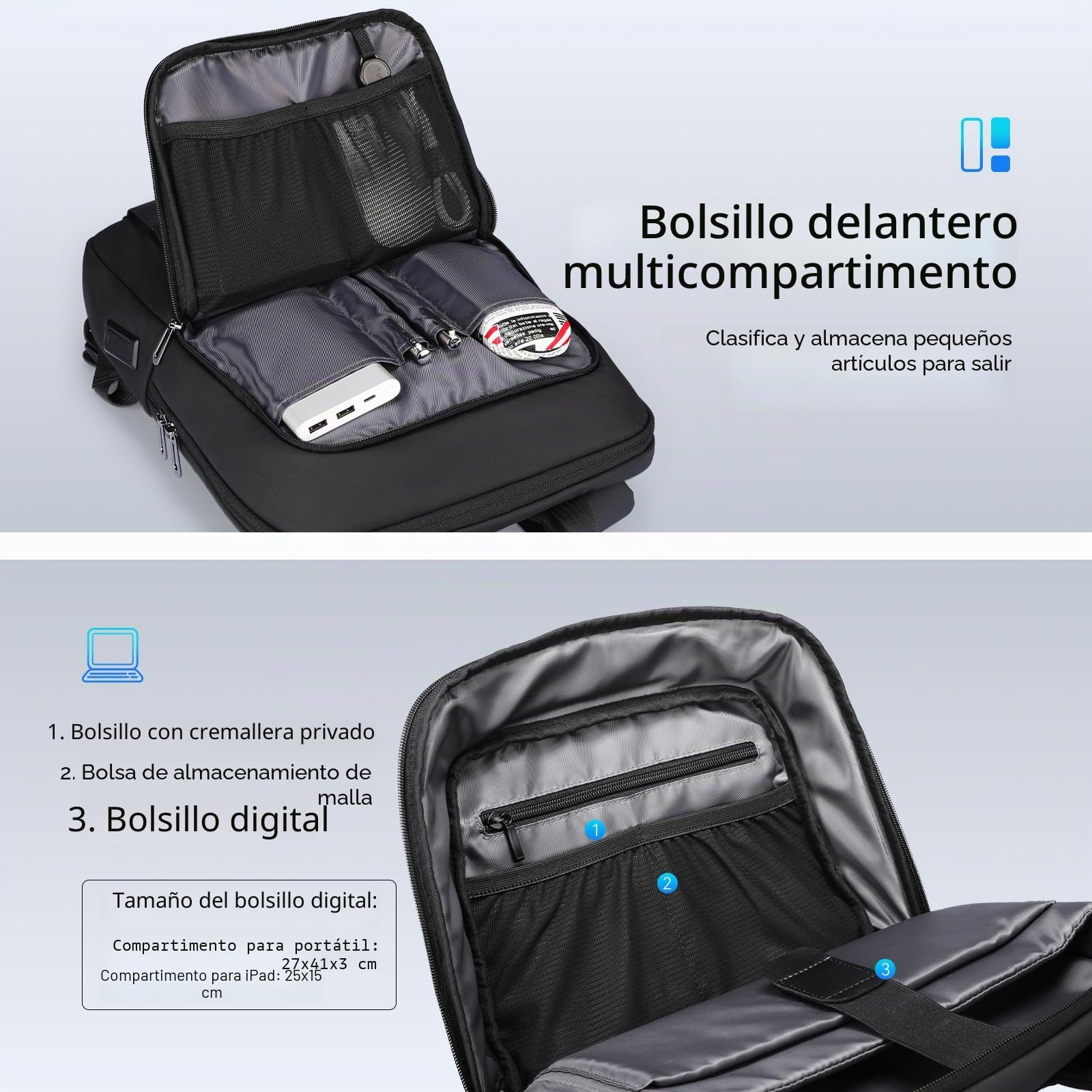 MARK RYDEN City Mochila para hombre, bolsillo múltiple, mochila ligera para el trabajo, desplazamientos para ordenador portátil con compartimento para ordenador de 15,6 pulgadas - Negro