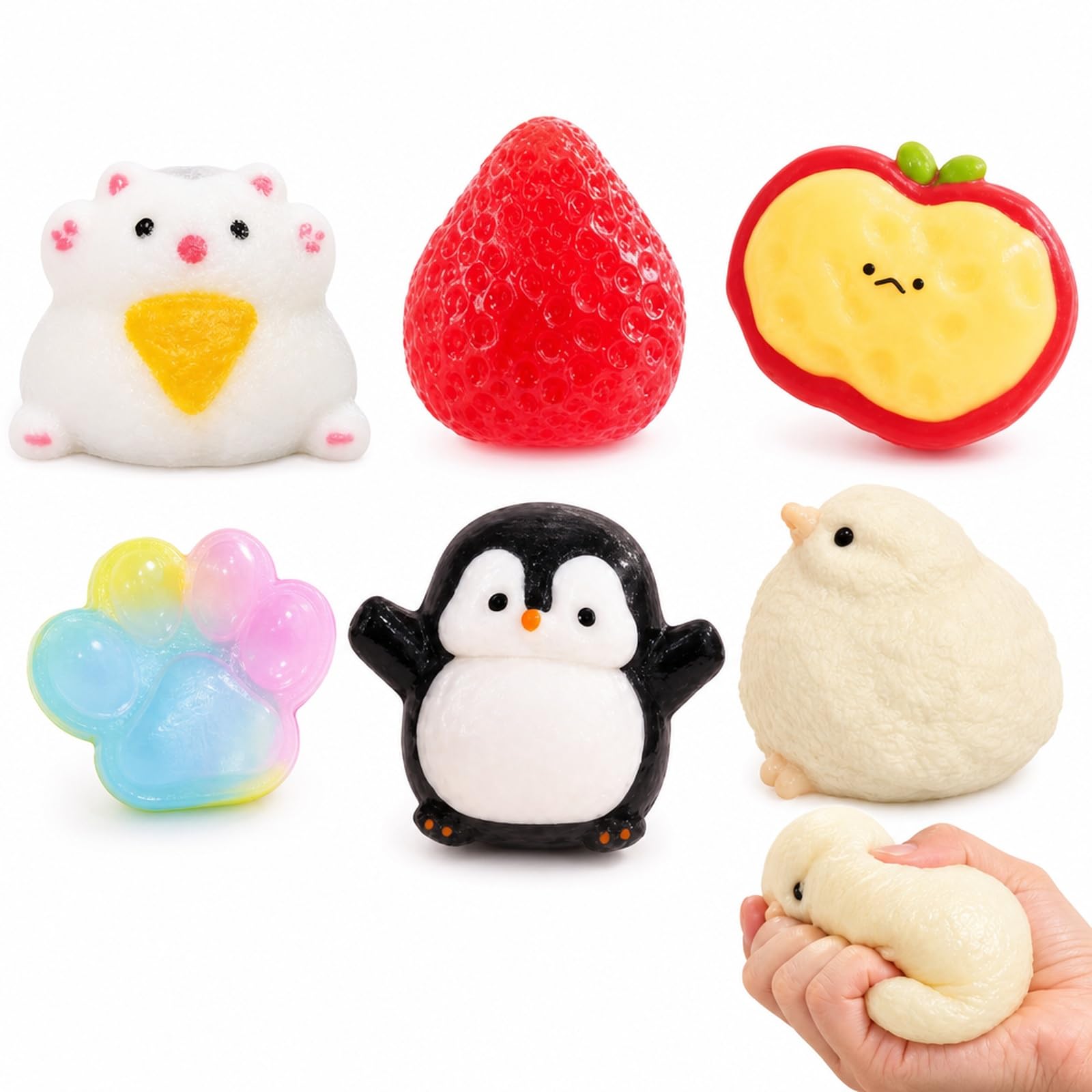 CAWRUKP 6 PCS Taba Squishy Kit, Apple Squishy, Chicken Penguin Cat Paw Strawberry Apple Hamster Shapes, Desktop Decor for Office, Travel & Gifting