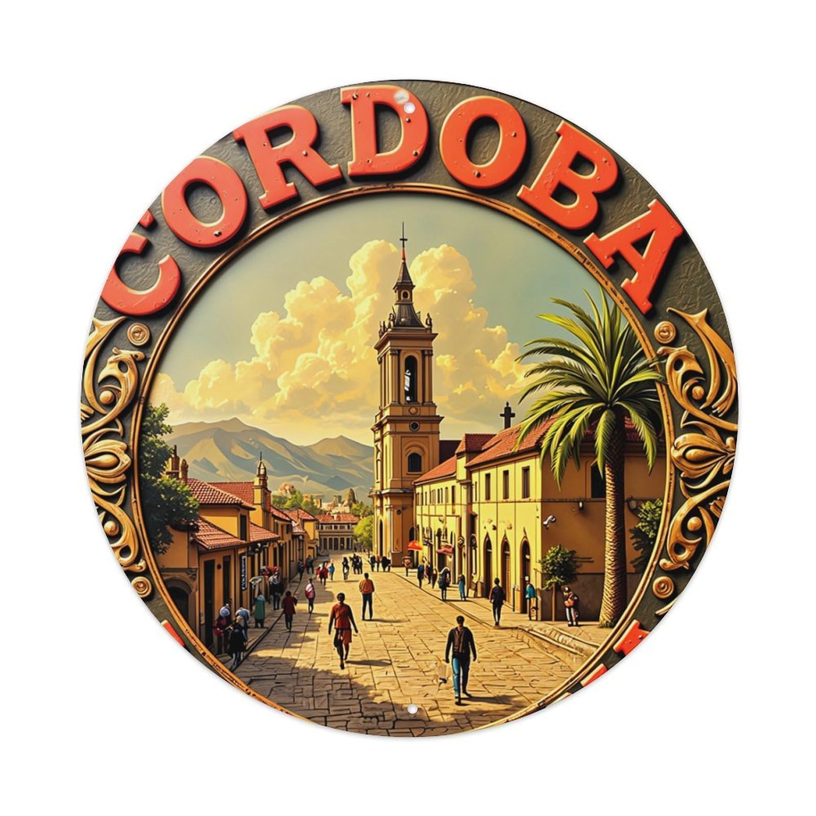 Cordoba Argentina Street Scene Tower Palm Retro Metal Sign Round Tin Sign, Vintage Decor Art Poster for Bar, Home, Man Cave, Kitchen, Laundry Room Gift 8x8Inch