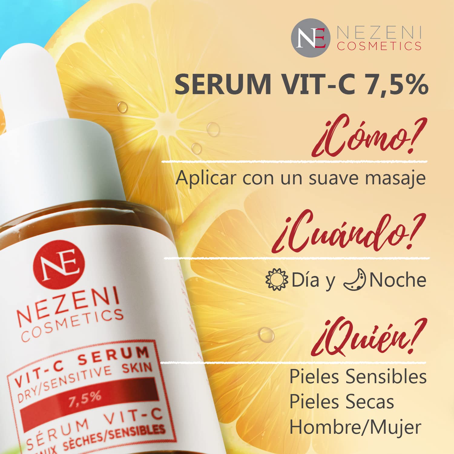 Sérum Facial 7,5% VITAMINA C con Ácido Hialurónico + Niacinamida – 9 principios activos - BAJO CONSERVANTES 2 años caducidad cerrado
