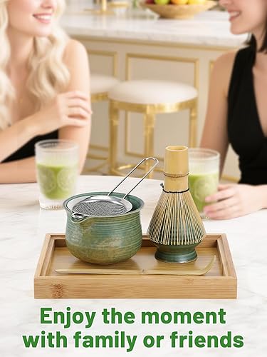 Miniatura 5 de MADHOLLY Juego de batidor de matcha con bandeja, cuenco de matcha con boquilla, batidor y soporte, cuchara de bambú, tamiz, kit de matcha japonés,