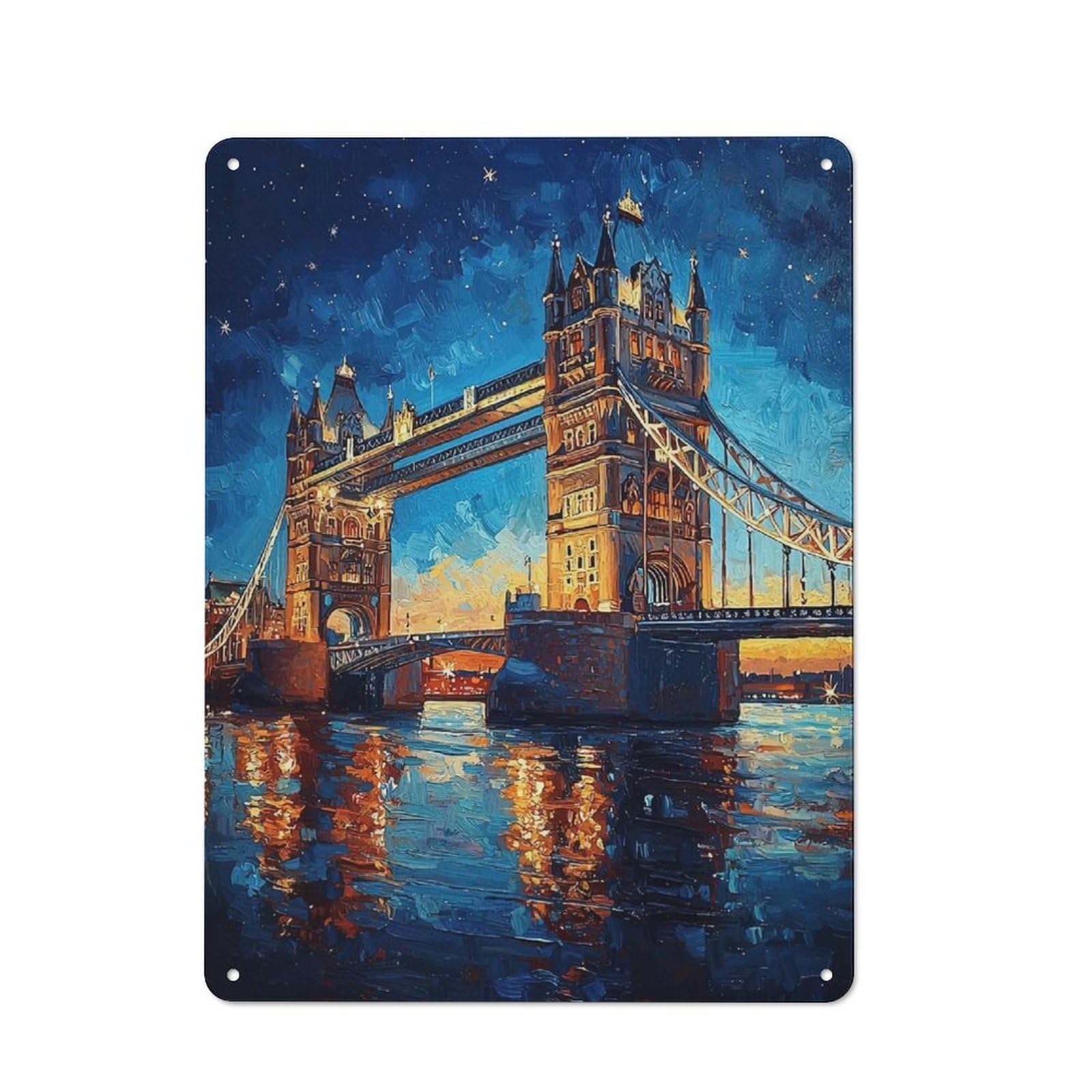 Junmoney Tower Bridge Night Printed Metal Sign 40X30cm For Café Or Restaurant, For Hospitality Interior Collectors