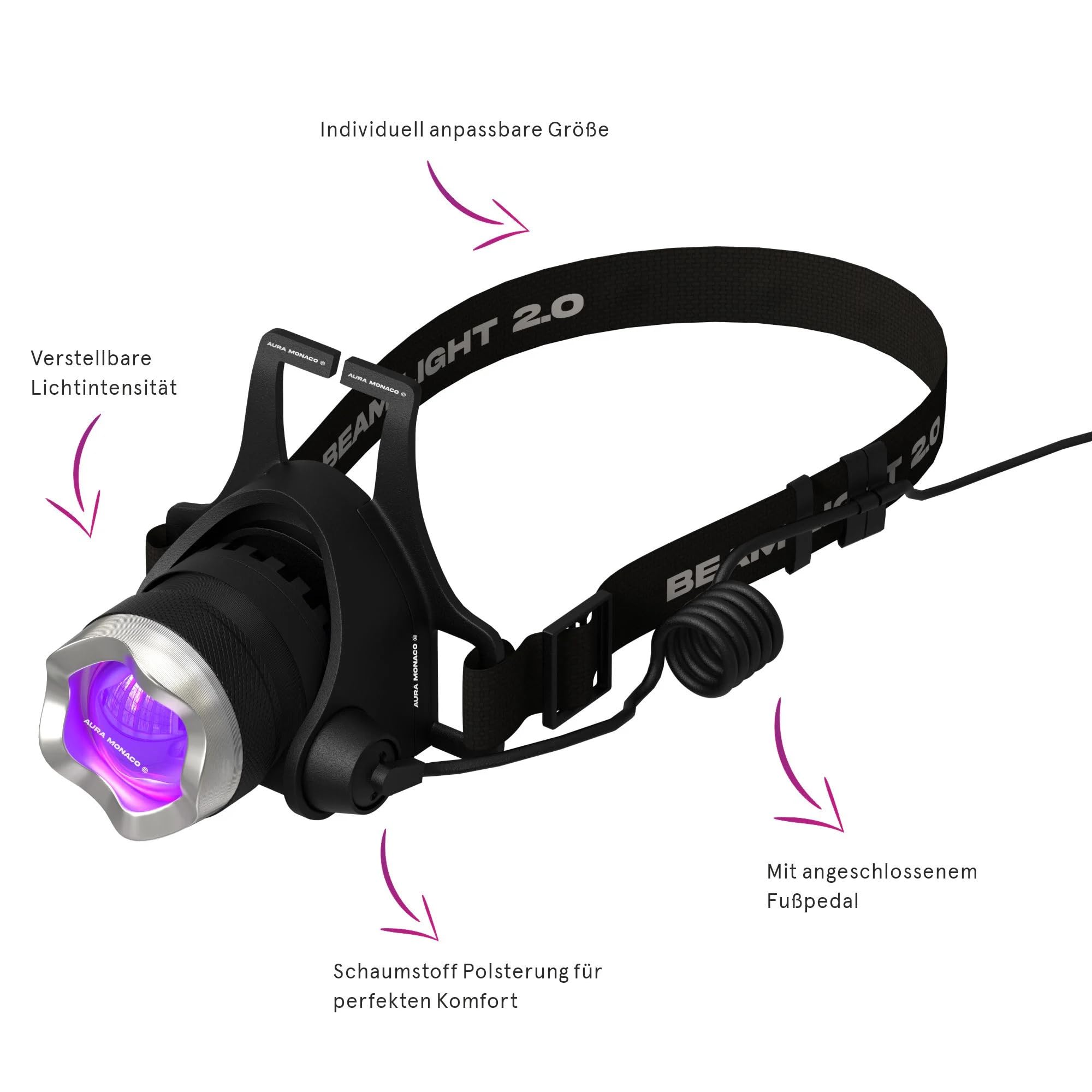 AURA Monaco | Beam Light UV Lash System 2.0 – Freihändige UV-LED-Kopflampe mit Fußpedal für Wimpernverlängerung, 1–2 Sek. Aushärtung, kein Gestell nötig, wenig Dämpfe, verstellbar, ideal für Profis