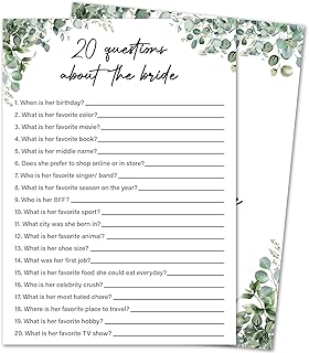 Eucalyptus Bridal Shower Game Cards - 20 Questions About The Bride, Wedding Engagement Bachelorette Party Bridal Shower Games for 30 Guests, Double Sided Cards Set of 30, Activity Supplies & Favor/A14